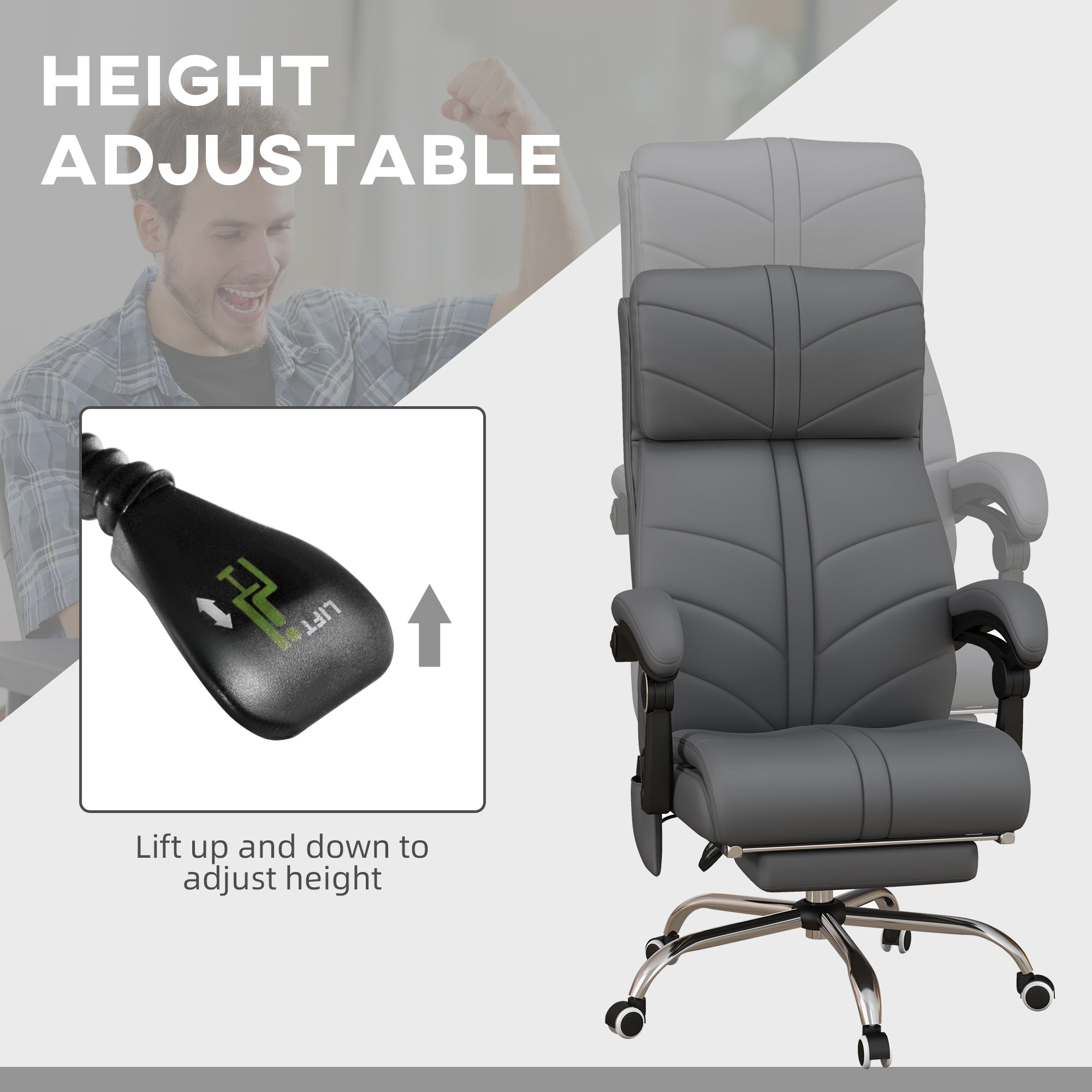 Executive Massage Office Chair with 4 Vibration, Computer Desk Chair, PU Leather Heated Reclining Chair with Adjustable Height, Swivel Wheels, Gray