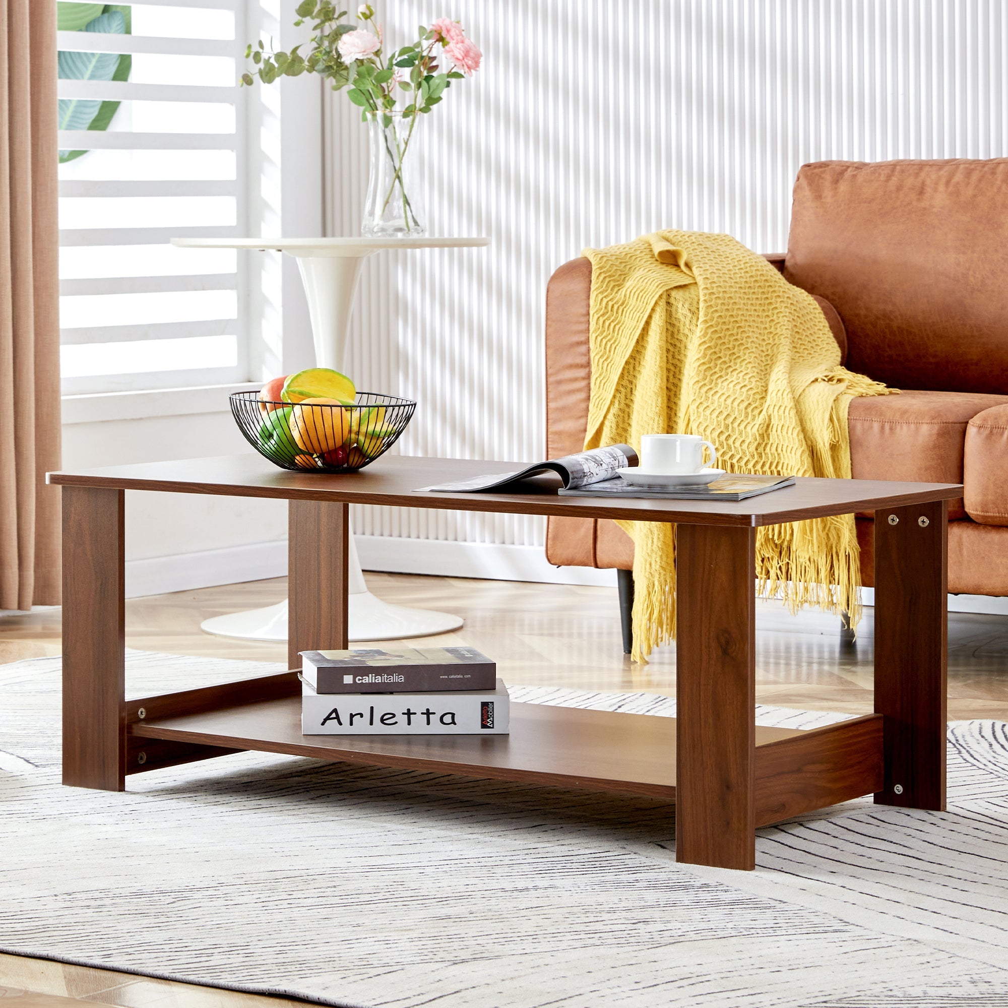 Modern and practical walnut textured coffee tables , tea tables. The double layered coffee table is made of MDF material. Suitable for living room  43.3"*21.6"*16.5"  CT-16