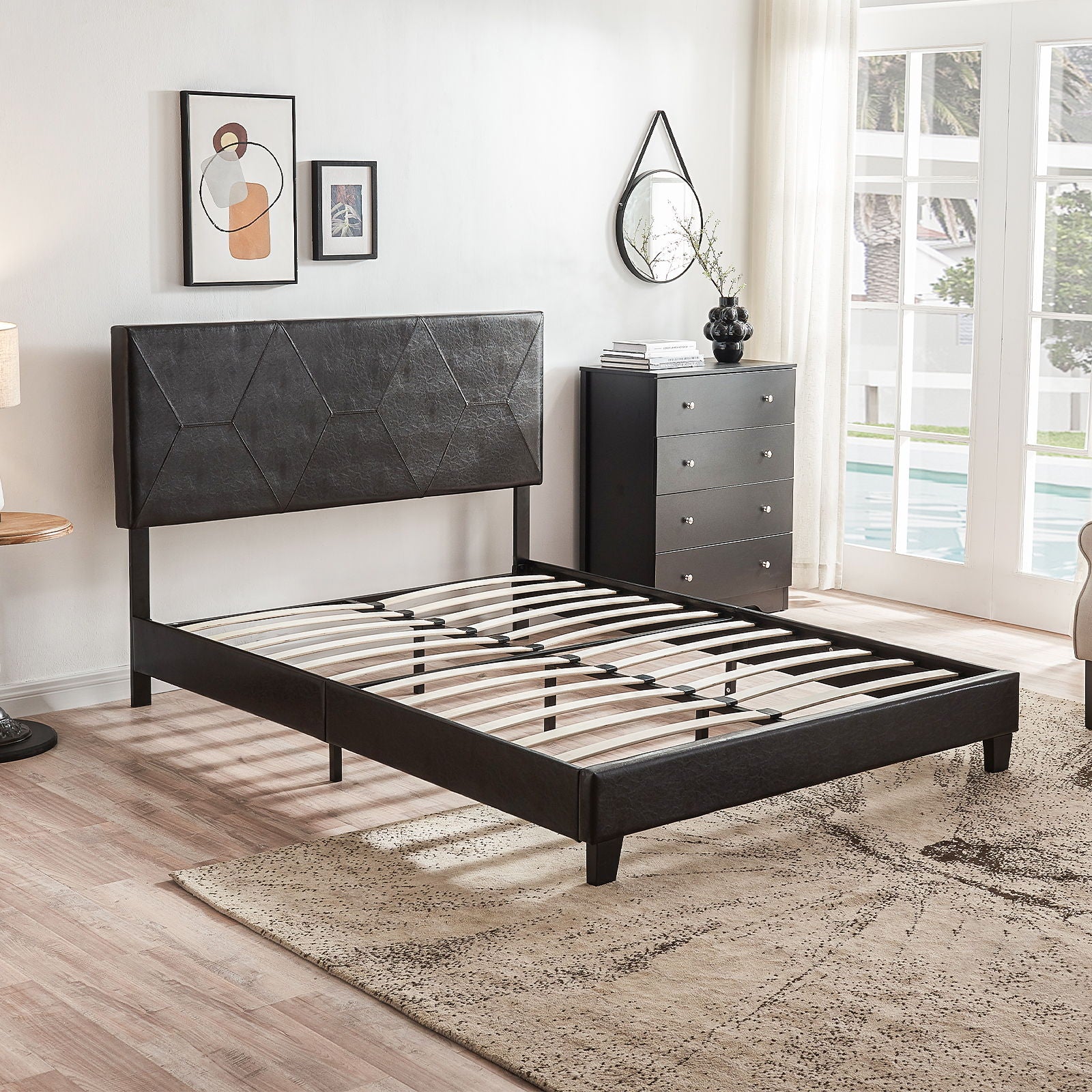 Queen Size Upholstered Platform Bed Frame, Wood Slat Support - Black