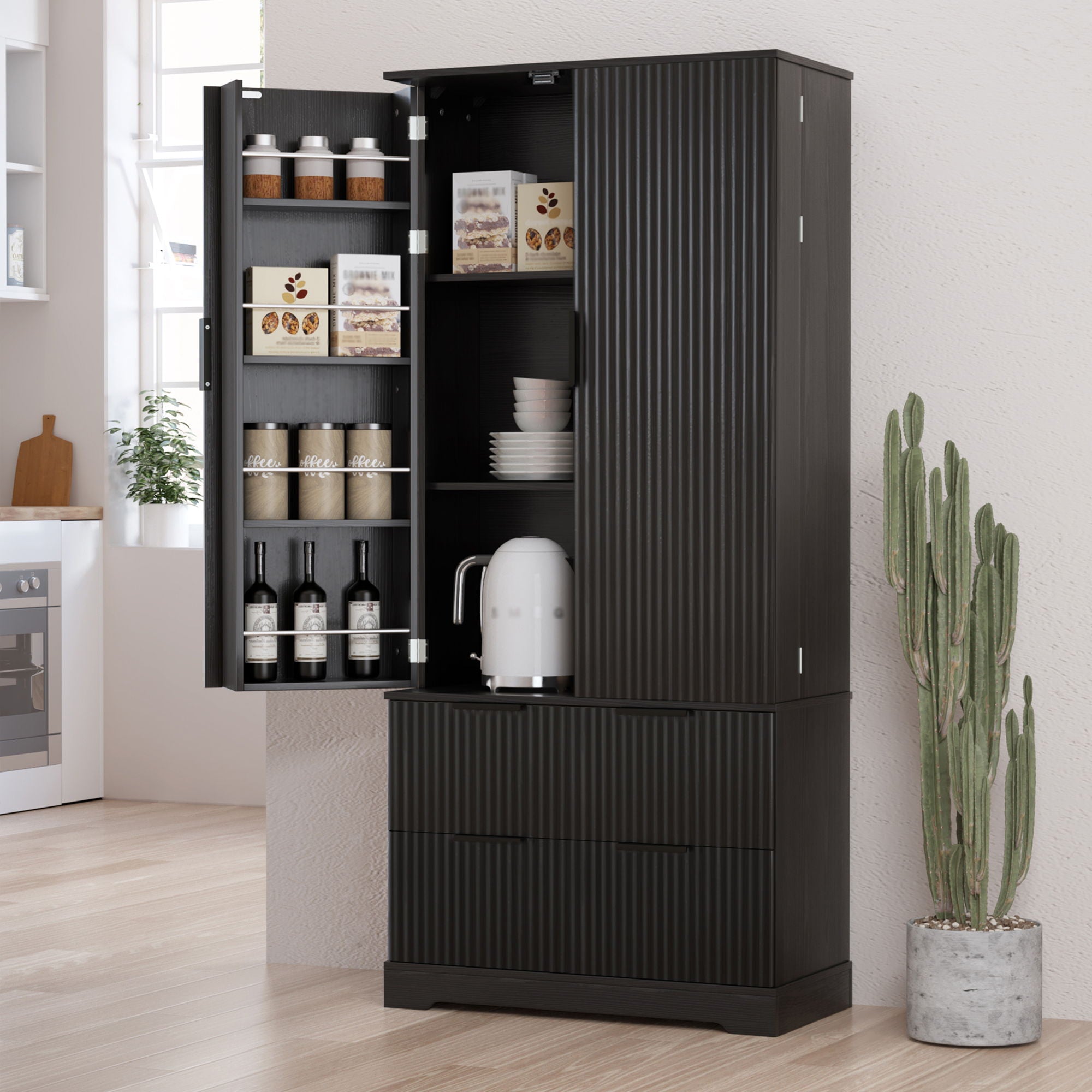 Fluted Kitchen Pantry Cabinet With 2 Large Drawers & 8 Door Spice Rack