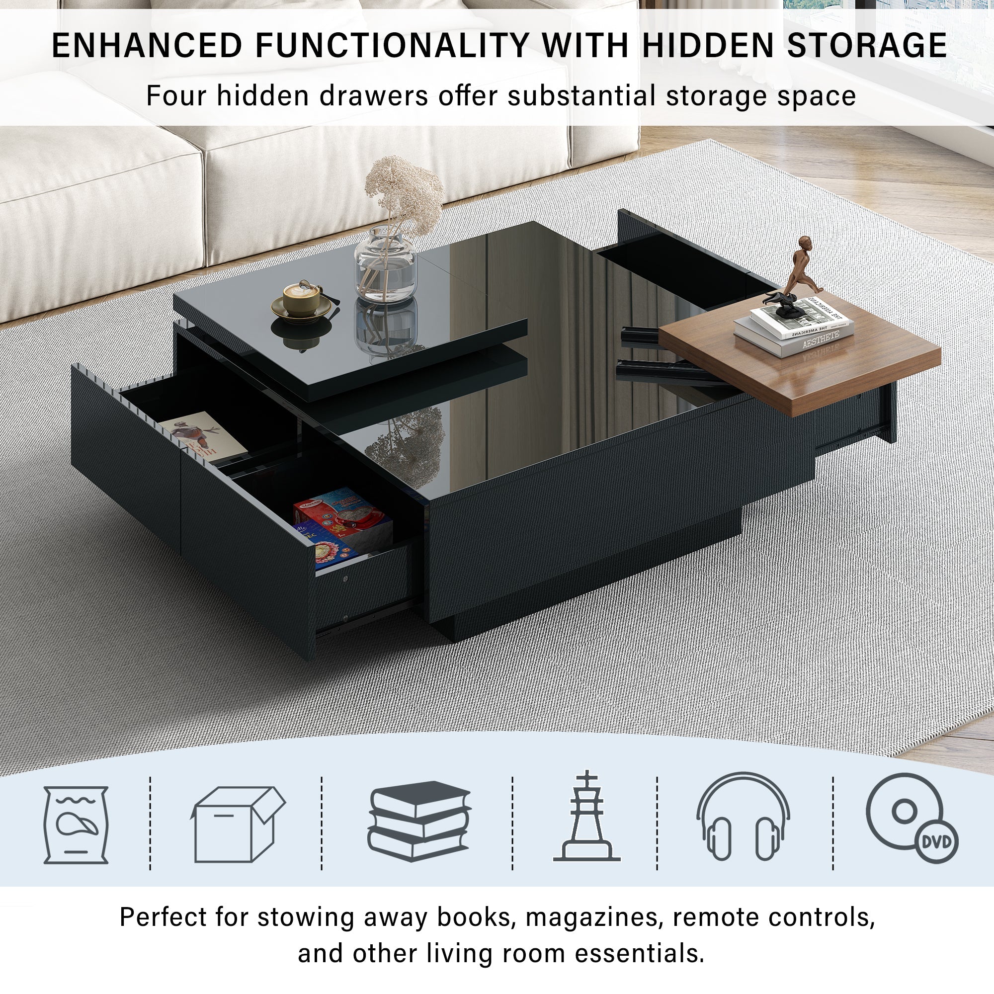 U-Can Movable Top Coffee Table, Modern Square Wood Coffee Table with High Gloss finish, 4 Hidden Storage Drawers for Living Room