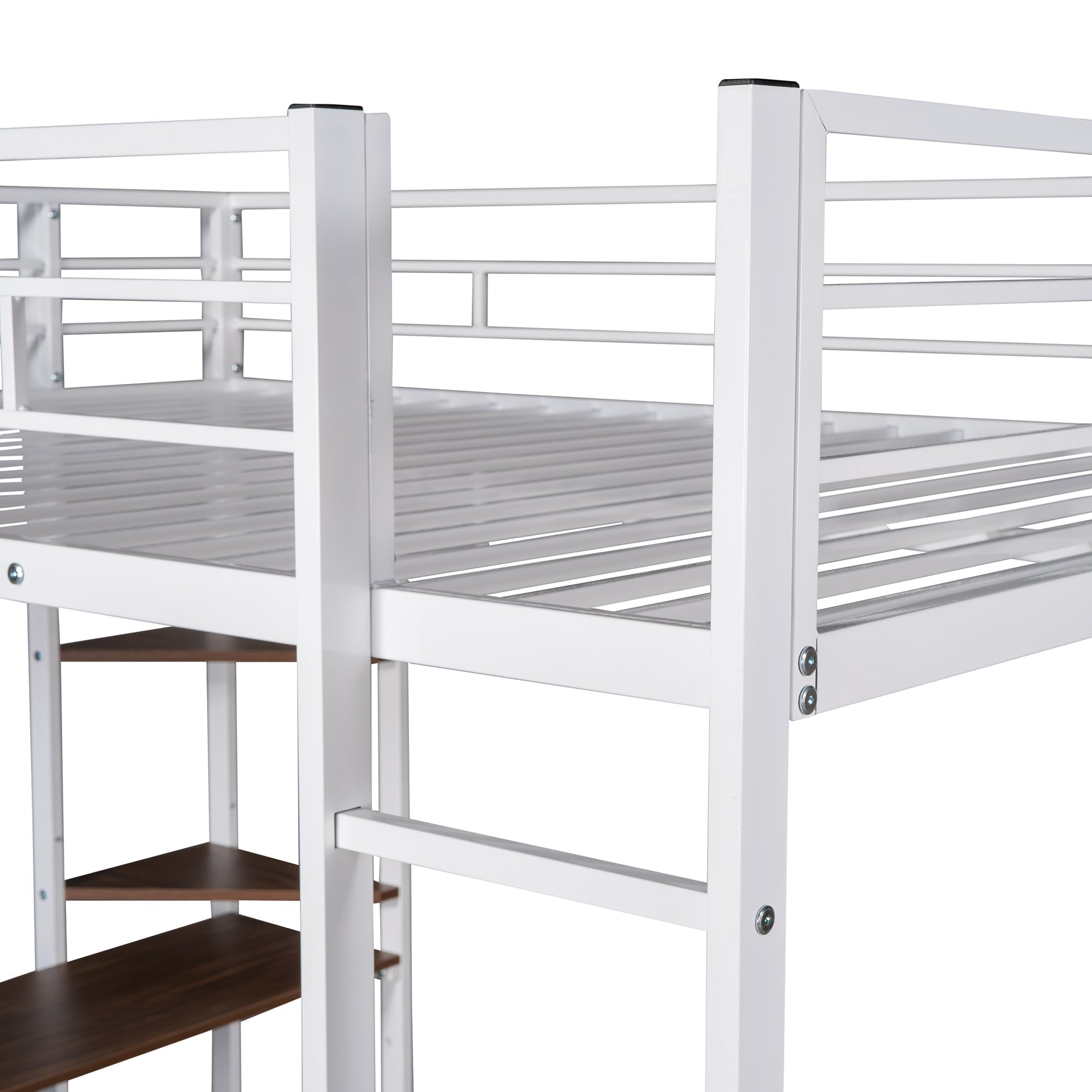 Full Size Metal Loft Bed with 2 Shelves and one Desk ,White (Old SKU: LP000191AAK )