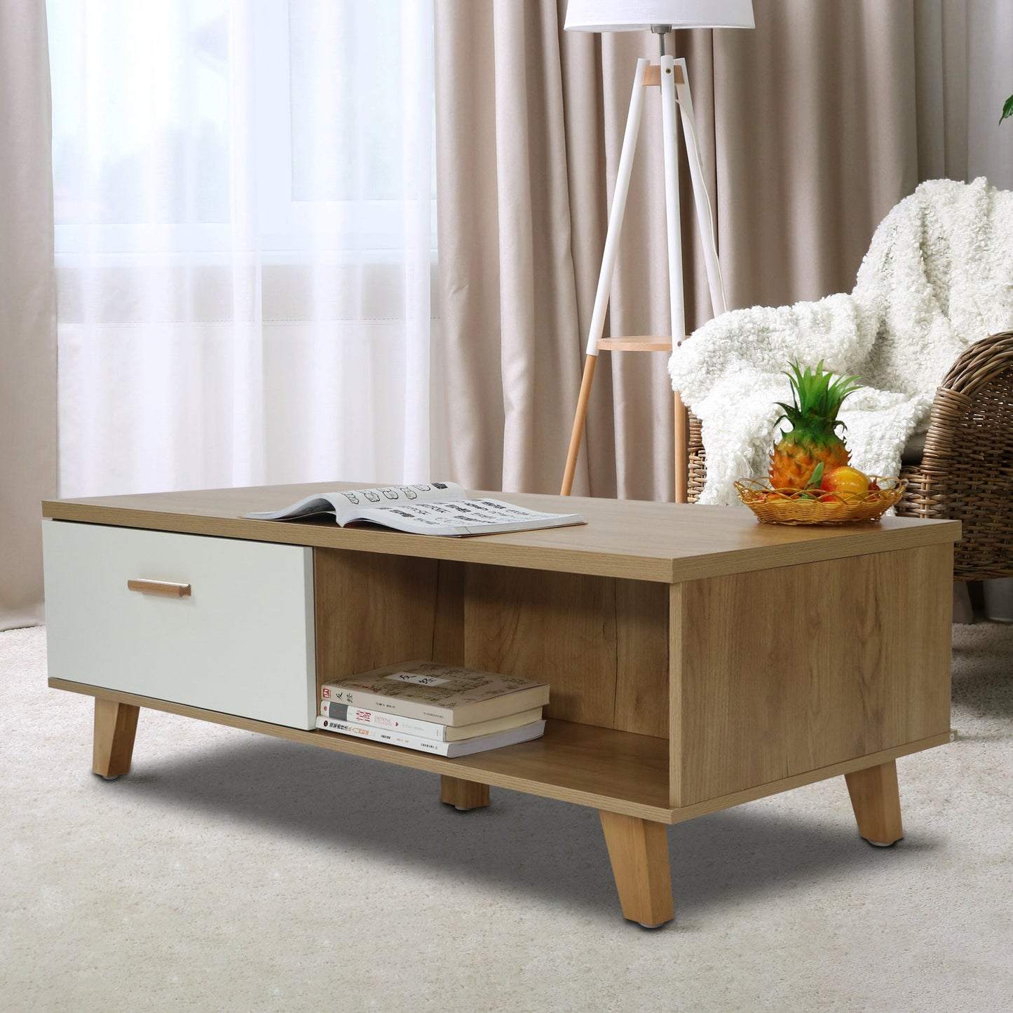 COFFEE TABLE computer table, wood+white color, solid wood handles and legs, two drawers