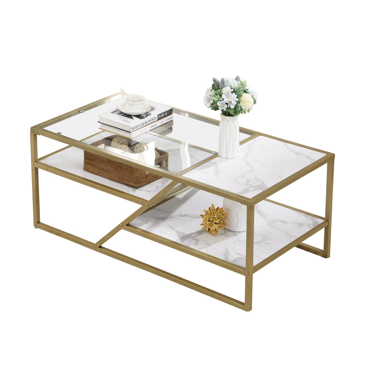 Golden Coffee Table with Storage Shelf, Tempered Glass Coffee Table with Metal Frame for Living Room&Bedroom