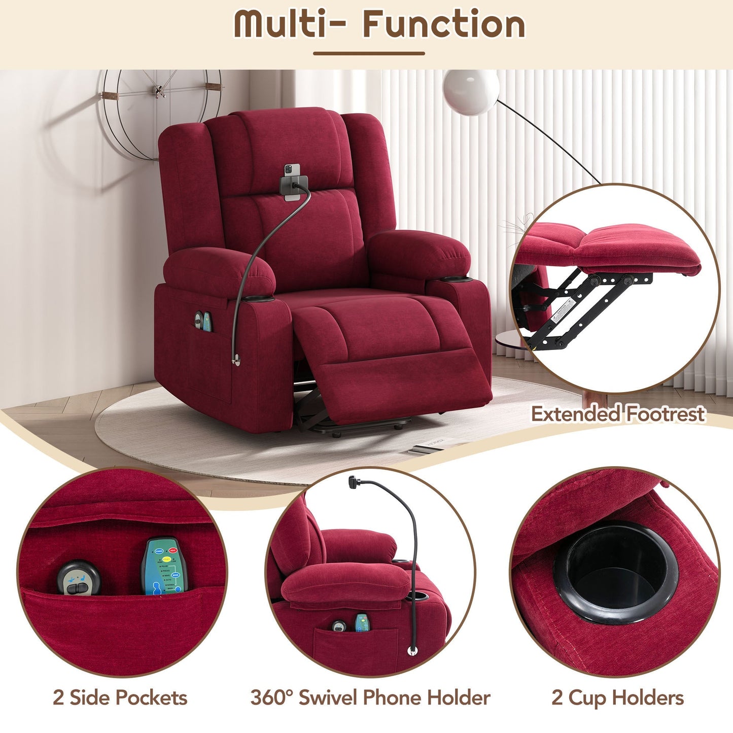 Power Lift Recliner Chair Electric Recliner for Elderly Recliner Chair with Massage and Heating Functions, Remote, Phone Holder Side Pockets and Cup Holders for Living Room, Red