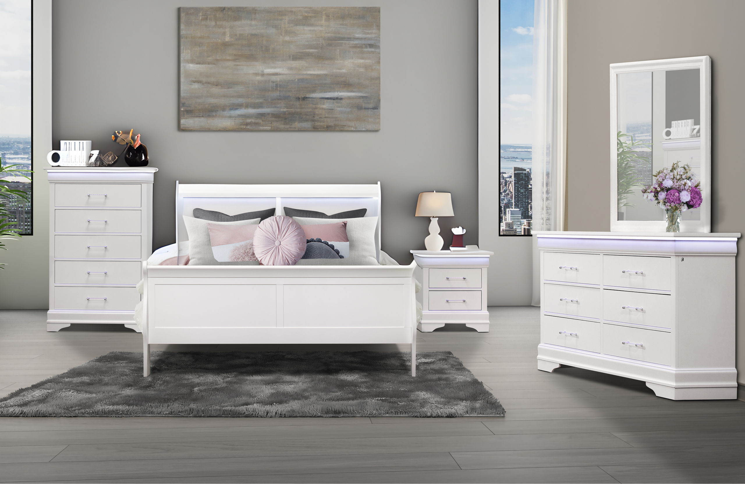 Charlie - 5 Piece Full Bedroom Set With LED - White