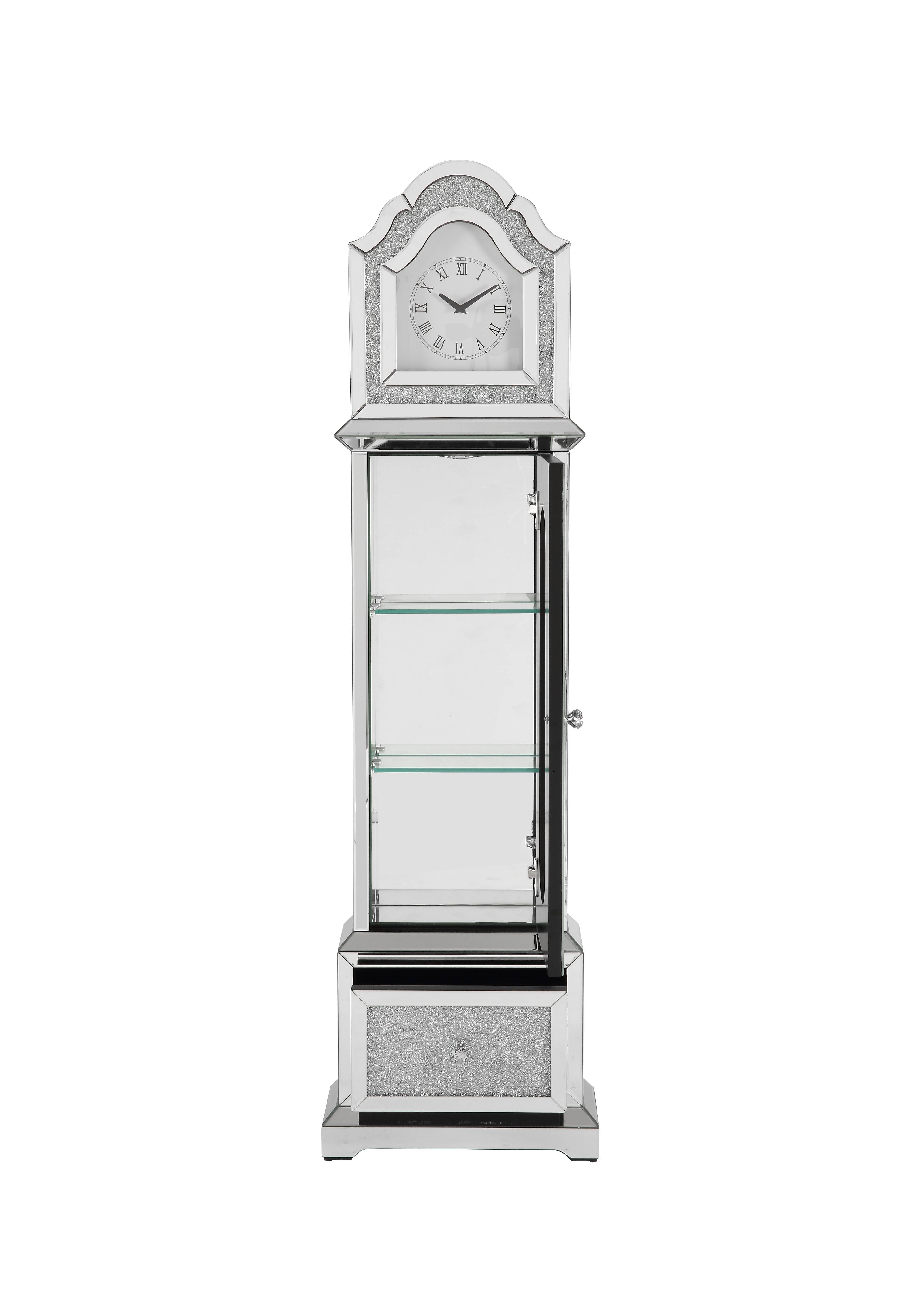 Noralie - Mirrored & Faux Diamonds Grandfather Clock With LED - Silver Gray