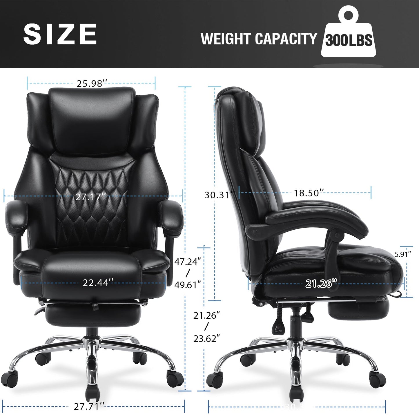 High Back Massage Reclining Office Chair with Footrest - Executive Computer Home Desk Massaging Lumbar Cushion , Adjustable Angle , Breathable Thick Padding for Comfort (Black)