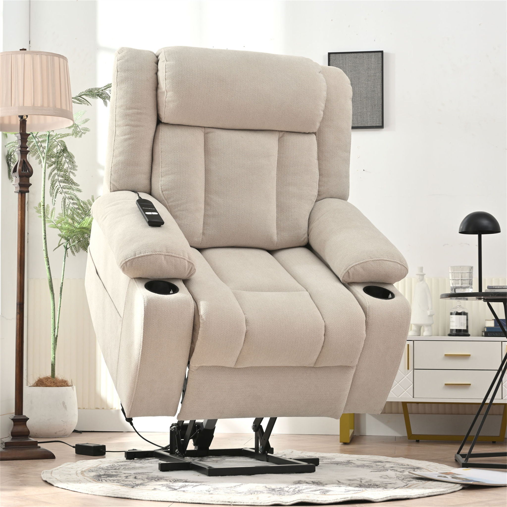 Power Lift Recliner Chair With Extended Footrest, Remote Control, Cup Holders, And Side Pockets