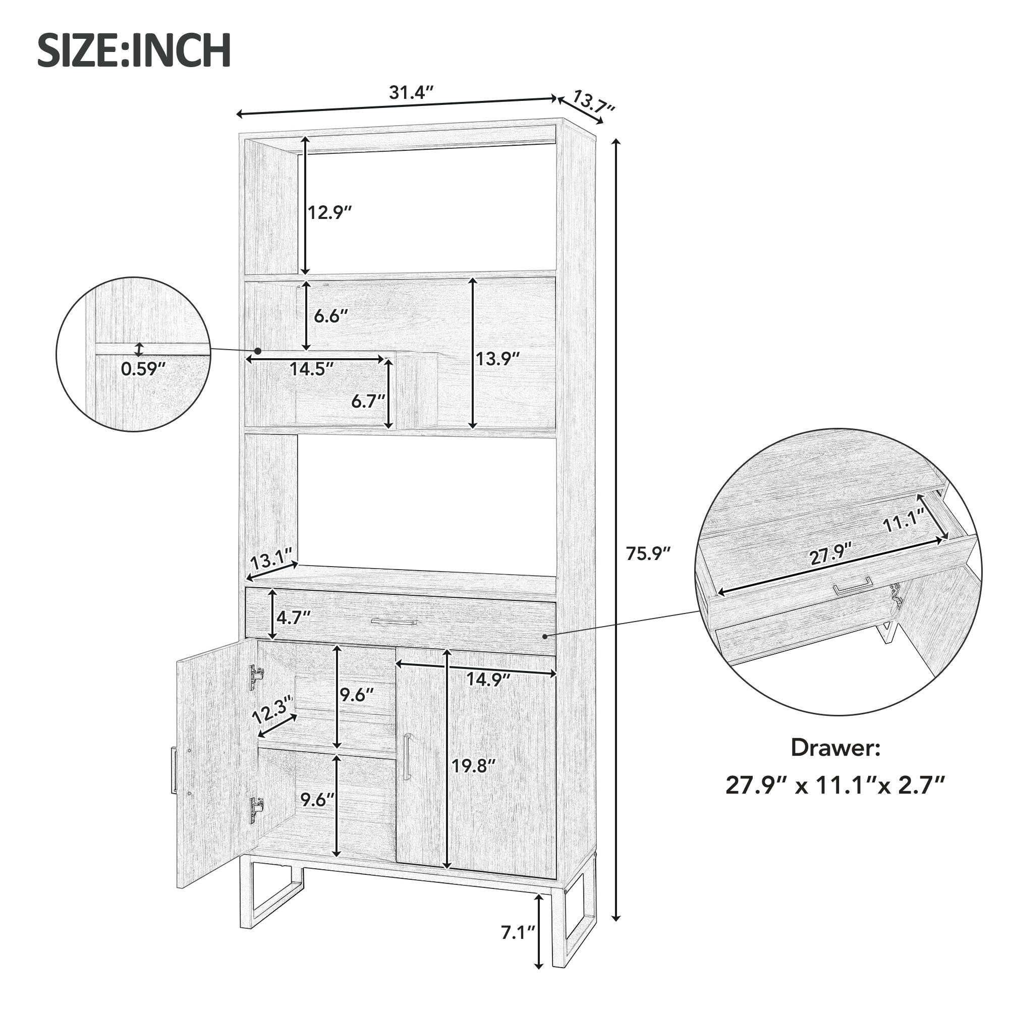 75.9"Modern Open Bookshelf with Doors, Bookcase with Storage drawer and LED Strip Lights,Free Standing Display Rack,Wooden Tall Bookshelf for Living Room and Office, Walnut