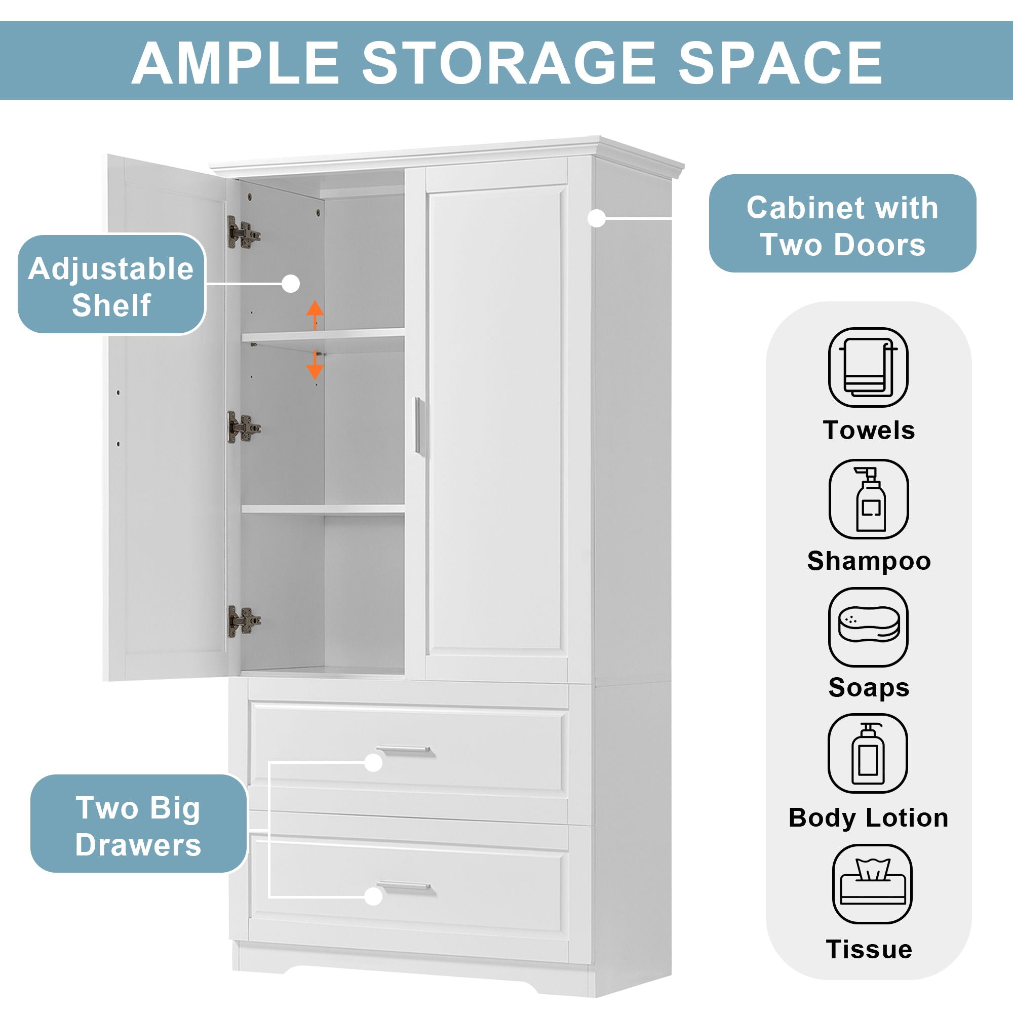 Tall Bathroom Storage Cabinet, With Two Doors And Drawers, Adjustable Shelf, MDF Board - White