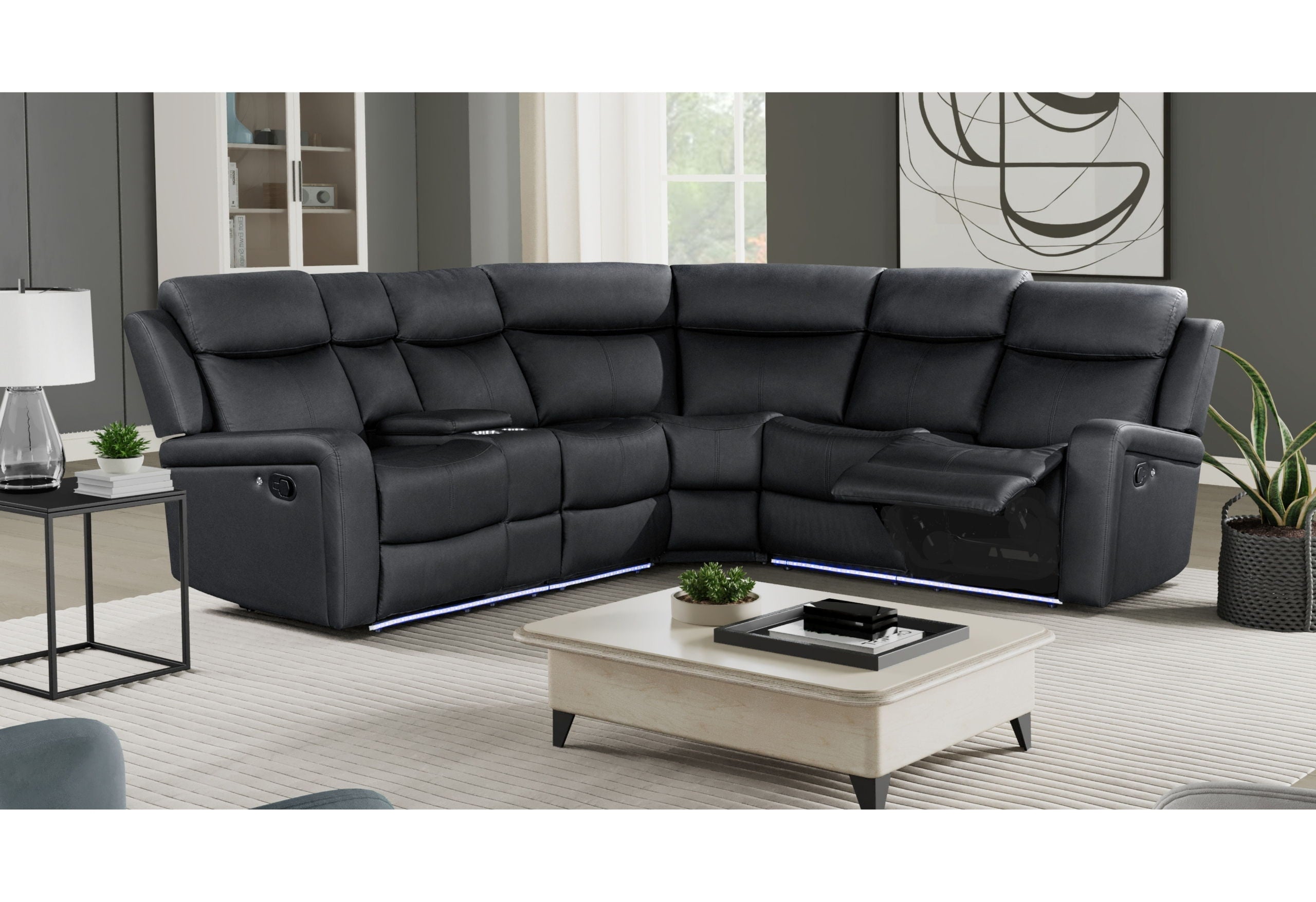 U6024 - PU Sectional With LED And 2 Recliners - Black