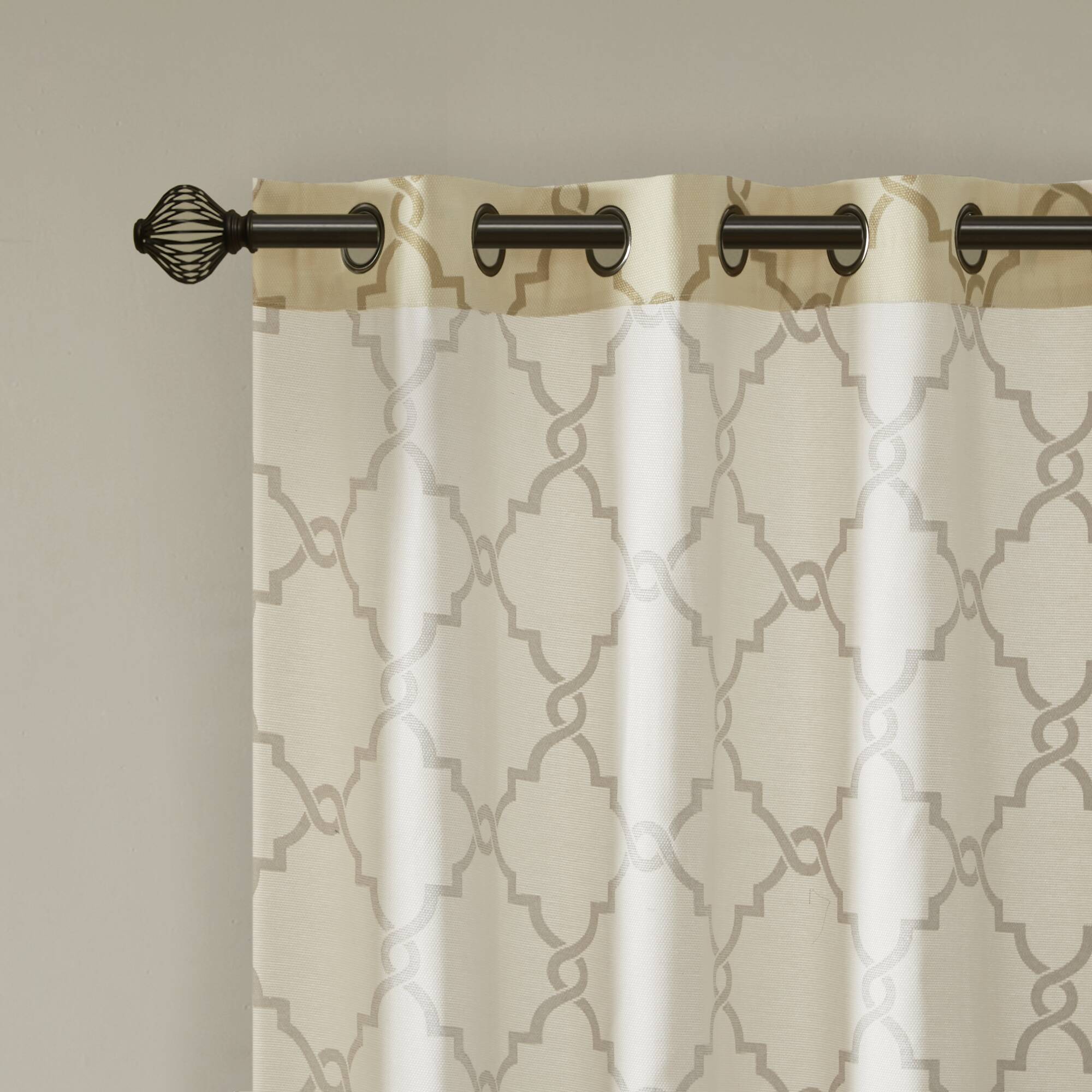 Saratoga - 95" Fretwork Print Grommet Top Window Curtain - Beige / Gold
