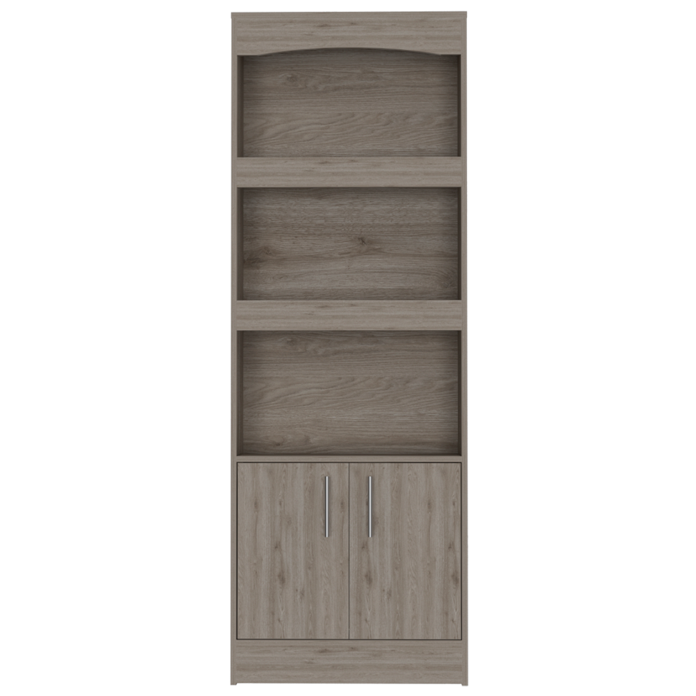 DEPOT E-SHOP Dozza Bookcase, Three Shelves, Double Door Cabinet, Metal Hardware, Light Gray