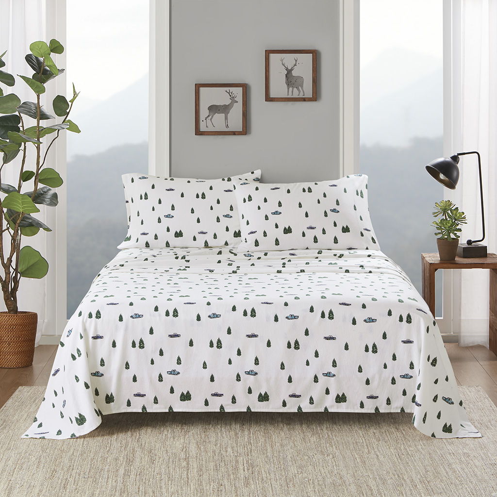 Flannel - 4 Piece Full Sheet Set - Green Trees & Trucks