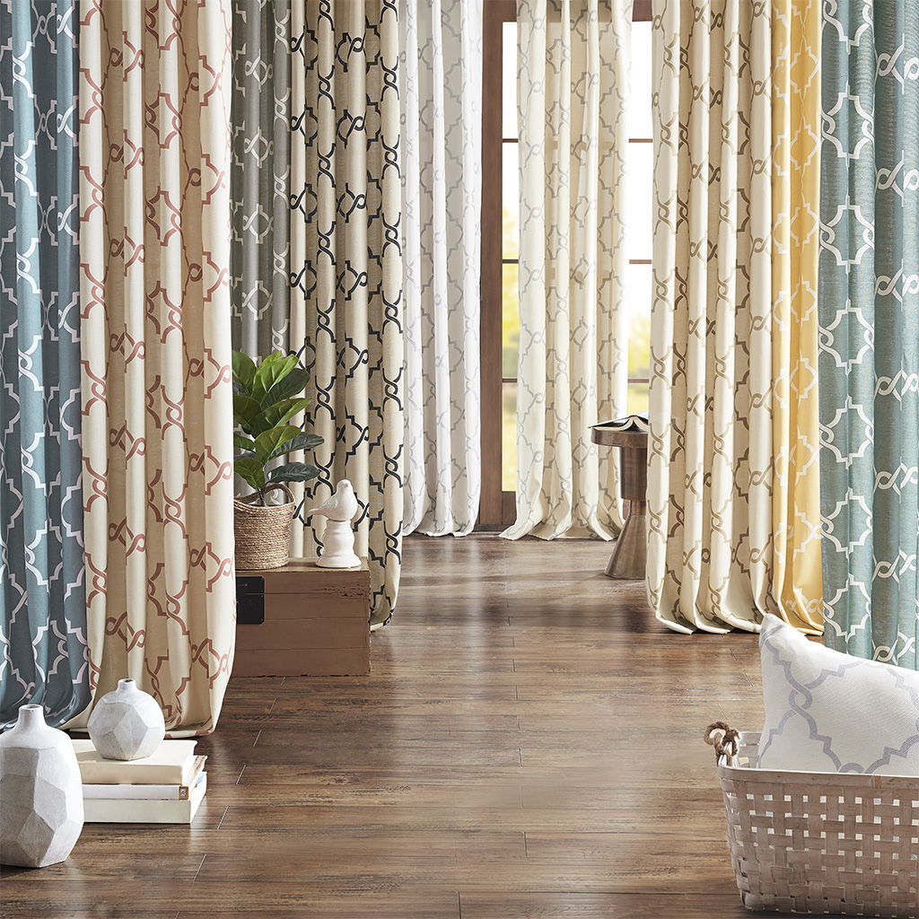 Saratoga - 108" Fretwork Print Grommet Top Window Curtain - Seafoam