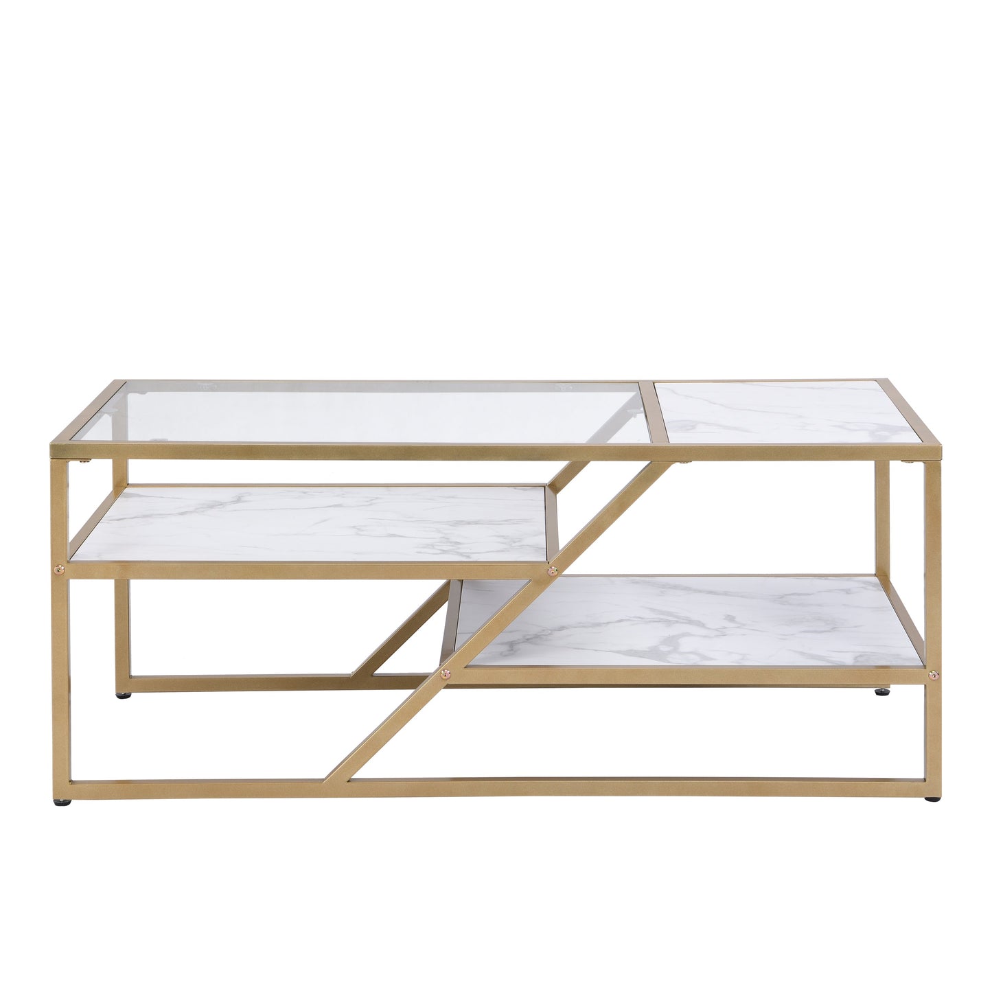 Golden Coffee Table with Storage Shelf, Tempered Glass Coffee Table with Metal Frame for Living Room&Bedroom