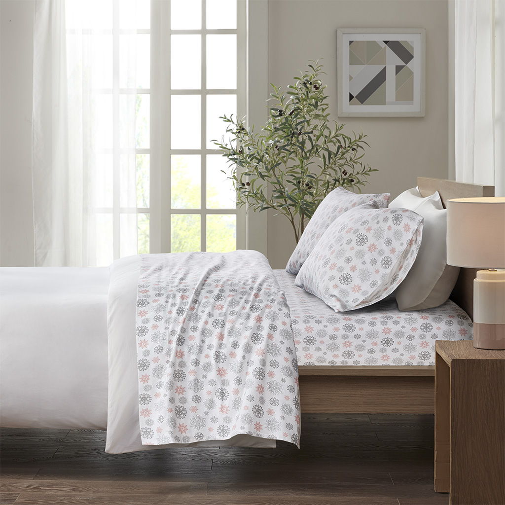 Cozy Flannel - King Sheet Set - Pink / Gray Snowflakes