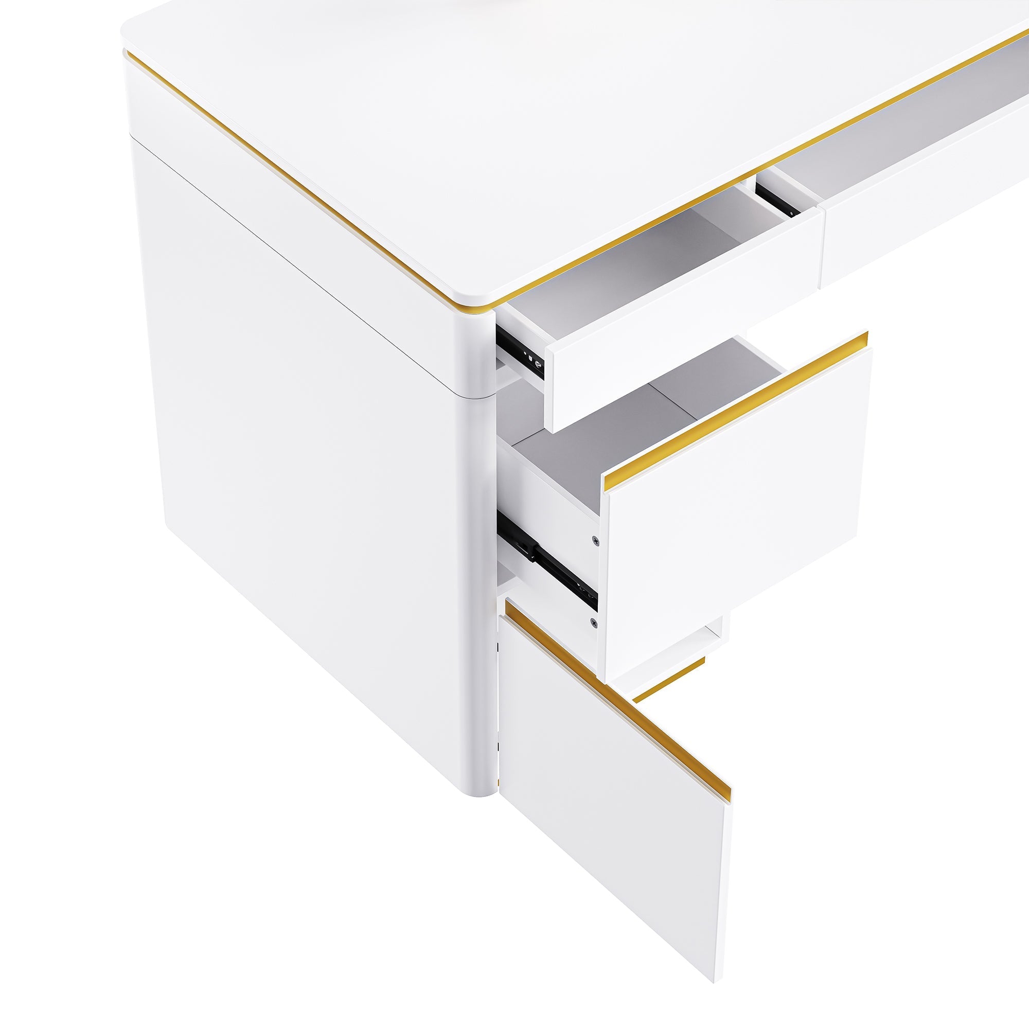 60''Modern Executive Desk,White Curved Computer Desk with Gold Metal Legs,3-Drawers Home Office Desk,Writing Desk with 1 Storage Cabinet for Home Office,Living Room,Gold+White