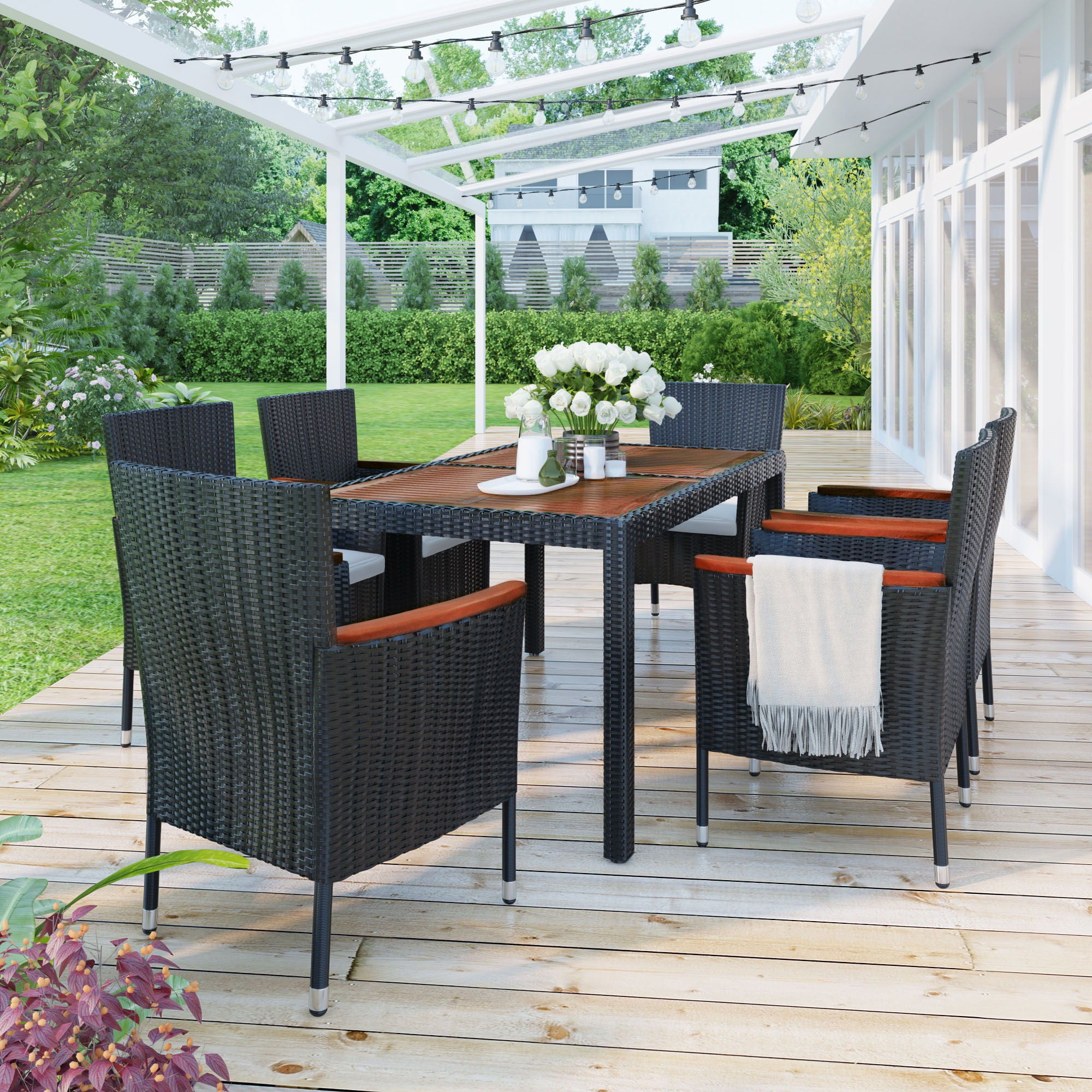 Outdoor Patio Dining Set, Garden PE Rattan Wicker Dining Table And Chairs Set, Acacia Wood Tabletop, Stackable Armrest Chairs With Cushions