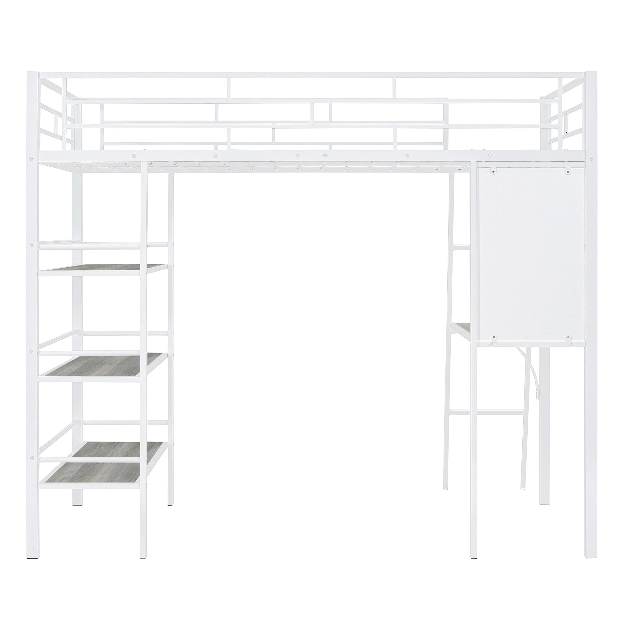 Twin Size Loft Metal Bed with 3 Layers of Shelves and Desk, Stylish Metal Frame Bed with Whiteboard, White