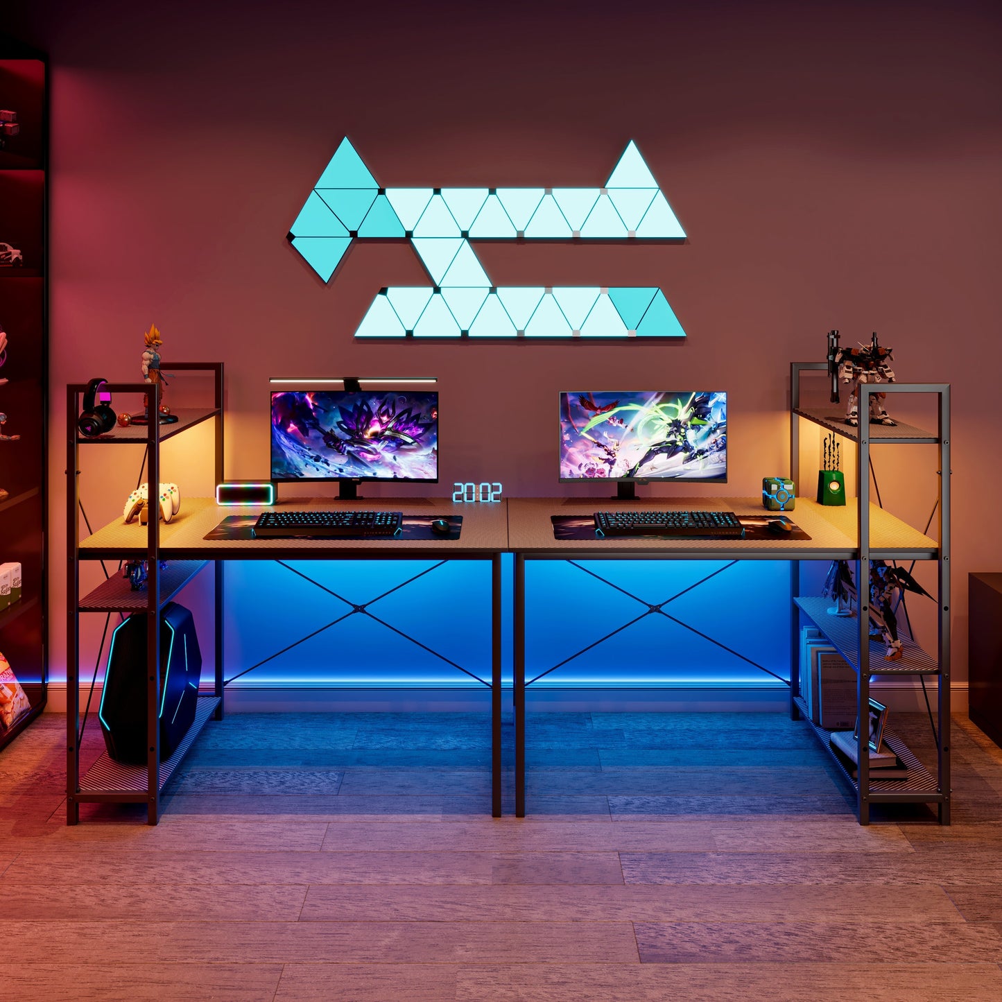 Gaming Desk with LED Lights, PC Gamer Desk for Small Spaces, Computer Desk with Reversible Storage Shelves, Carbon Fiber Black