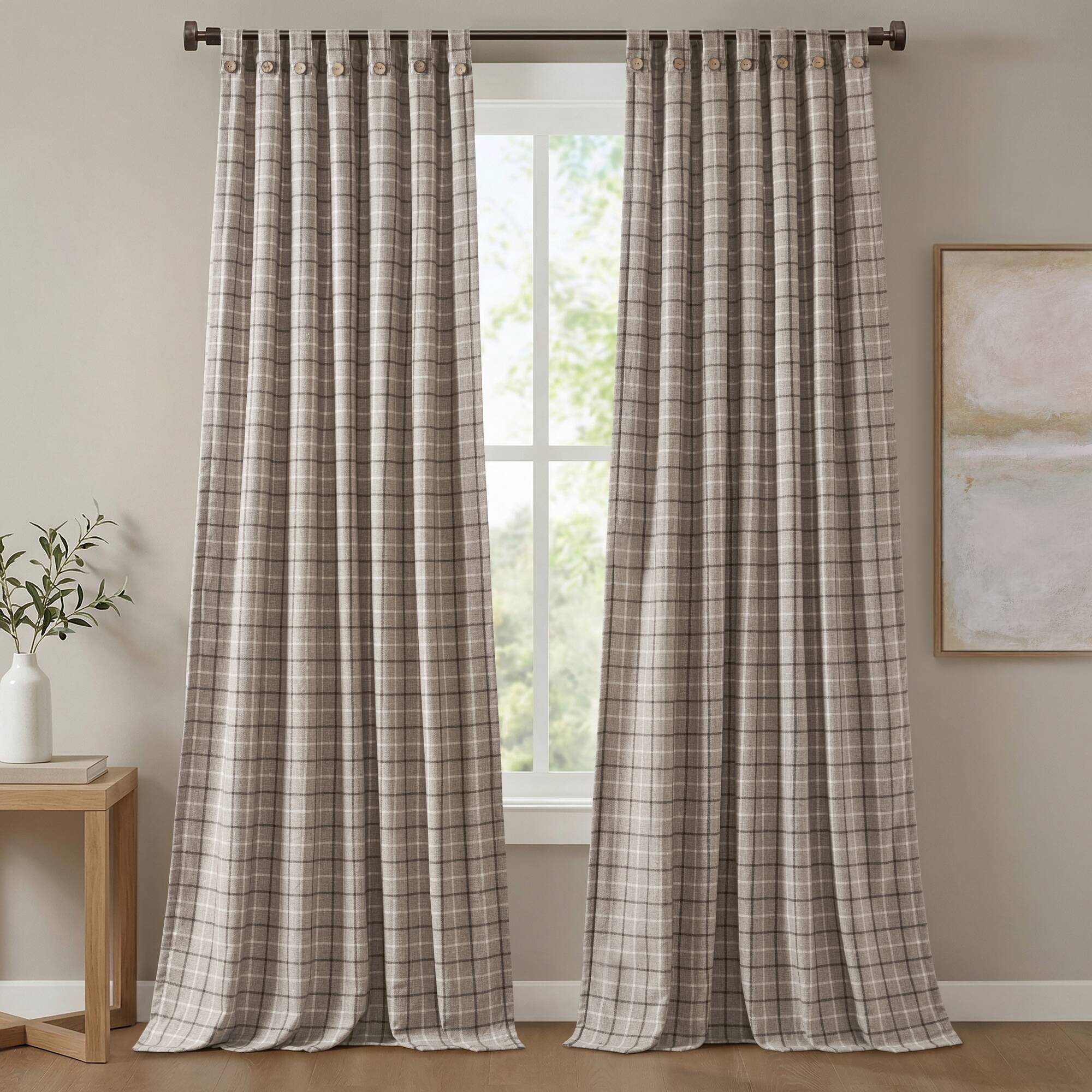 Anaheim - Plaid Rod Pocket And Back Tab Curtain Panel With Fleece Lining - Brown