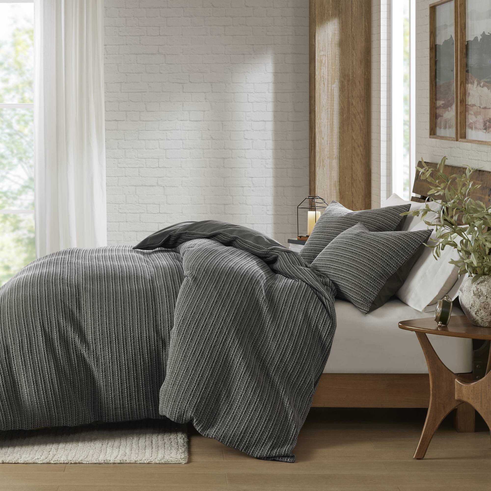 Lyon - 3 Piece Full/Queen Waffle Washed Duvet Set - Charcoal