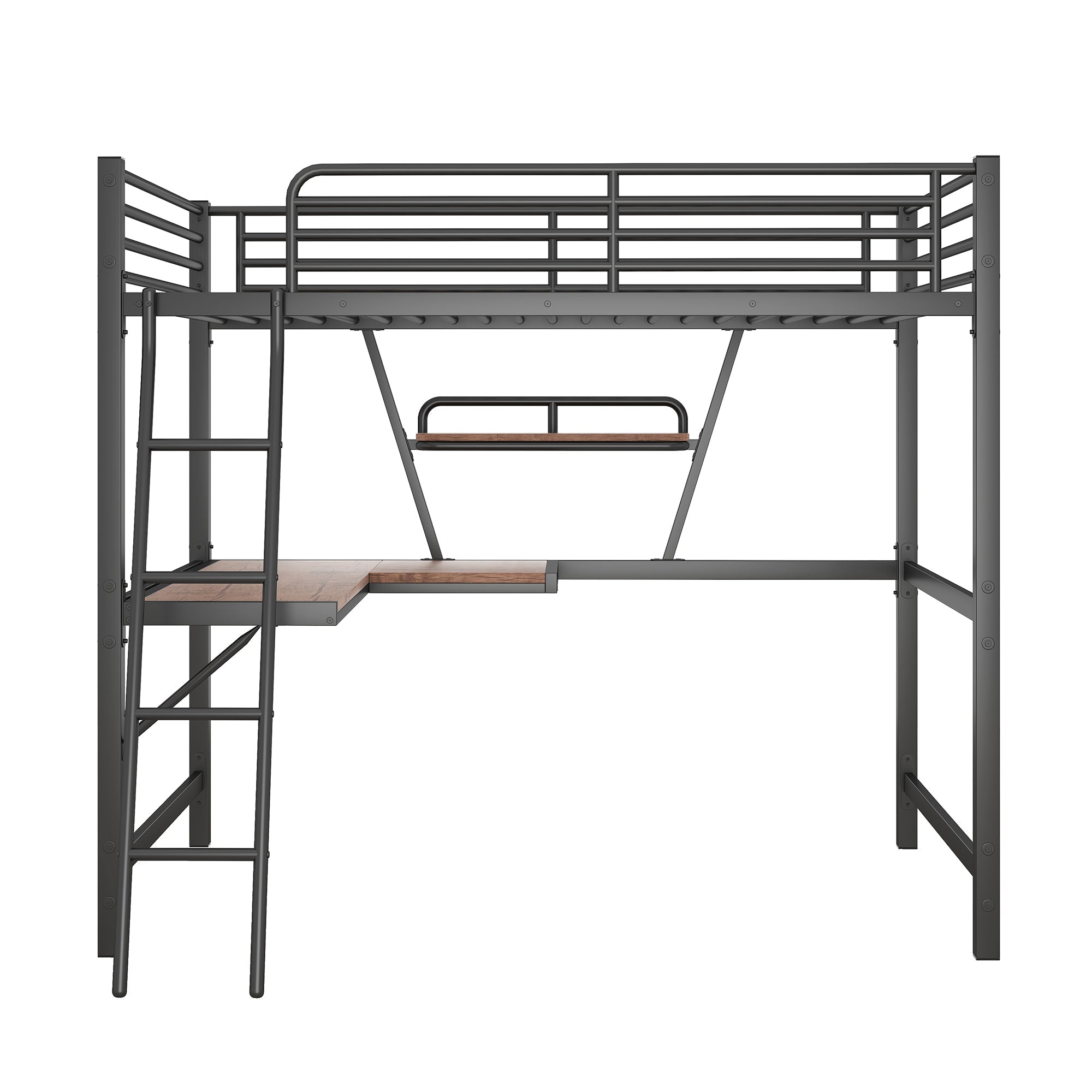 Full Size Loft Metal&MDF Bed with Desk and Shelf, Black