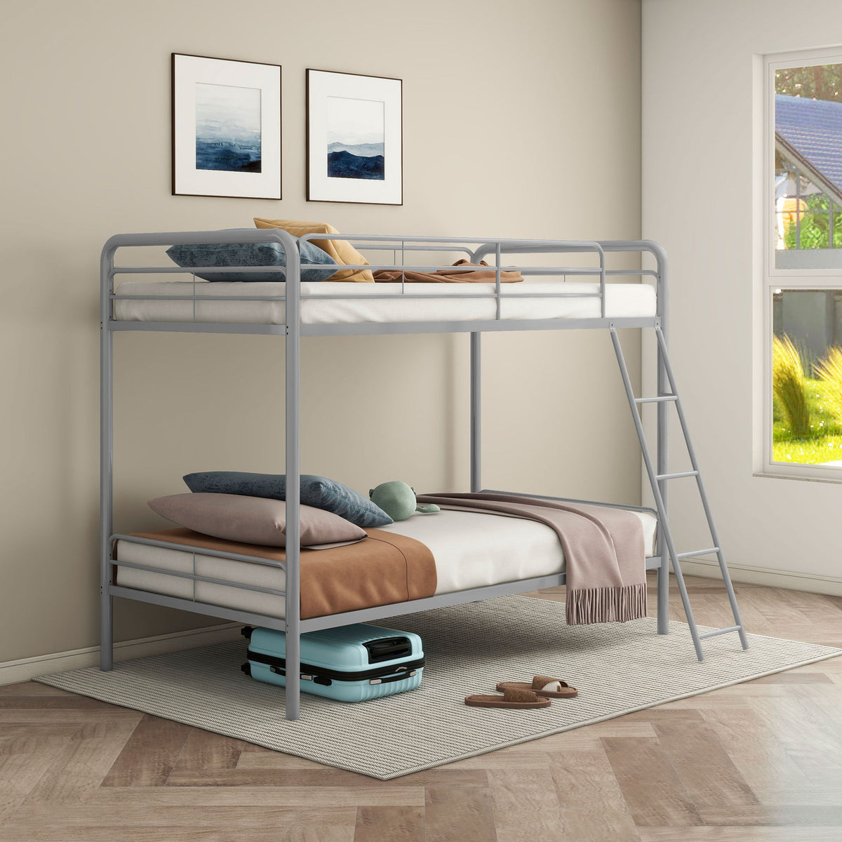 Long Beach - Twin Over Twin Bunk Bed With Built In Guardrails And Angled Ladder - Silver