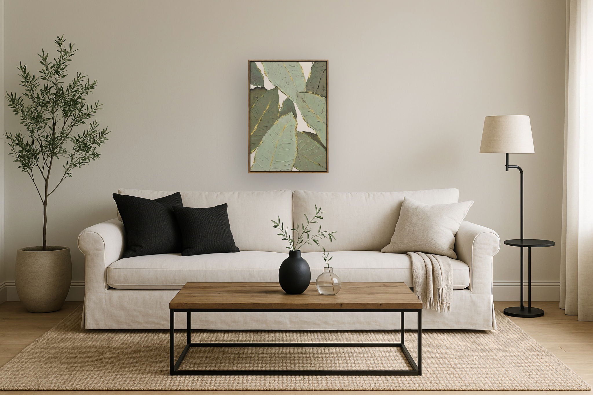 "Verdant Essence II" Hand-Embellished Canvas In Frame - Green / Gold / Natural Wood