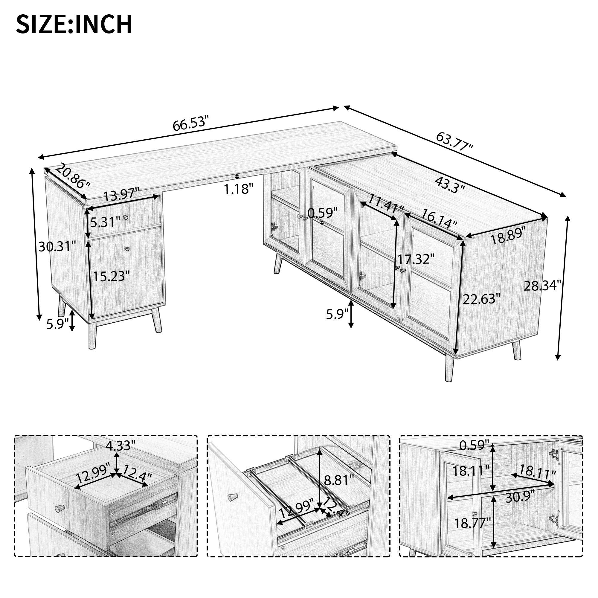 66.5" Modern L-shaped Executive Desk with delicate tempered glass Cabinet Storage,Large Office Desk with Drawers,Business Furniture Desk Workstation for Home Office,Teak