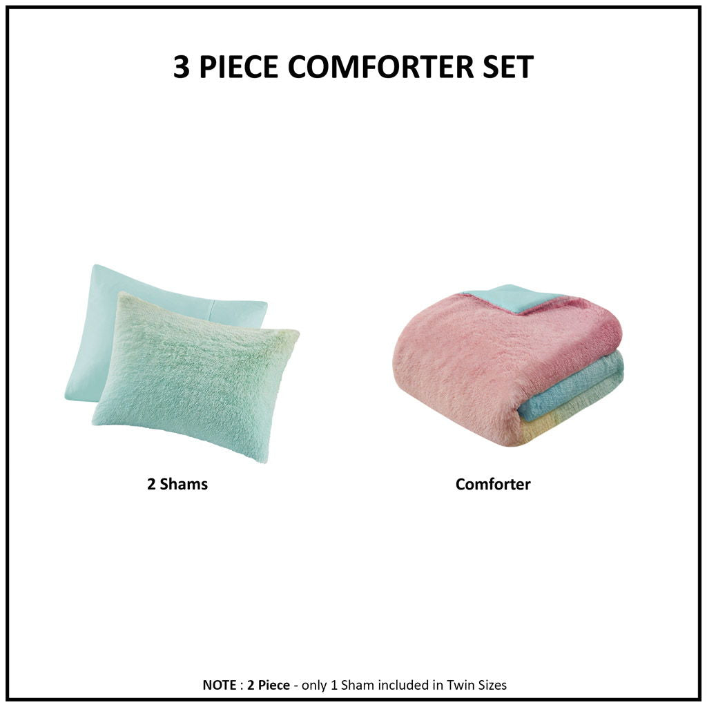 Primrose - Ombre Shaggy Faux Fur Twin Comforter Set - Aqua Multi