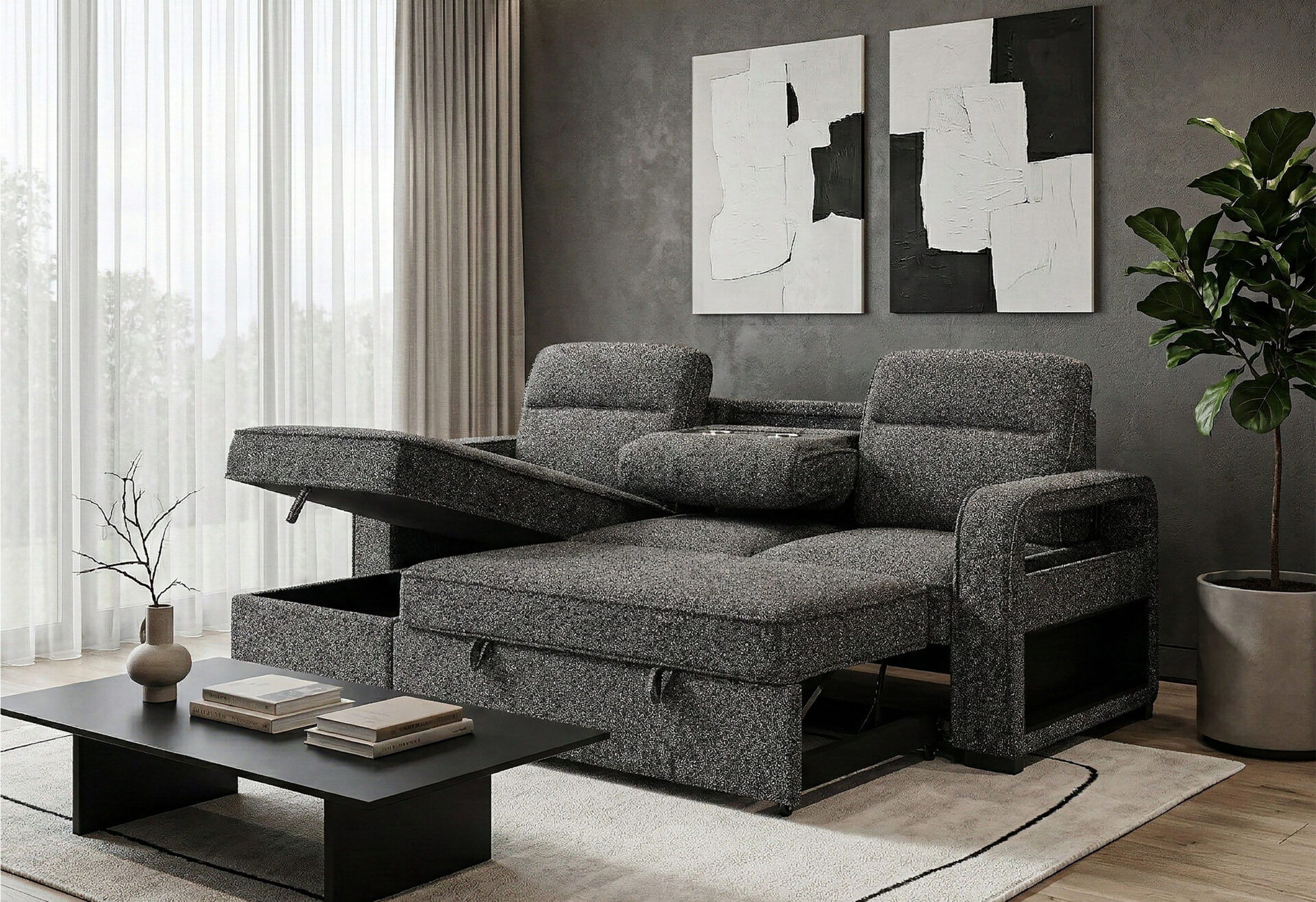 U2601 - Sofa Bed Reversible Chaise With Storage, DDT With Speaker - Dark Gray