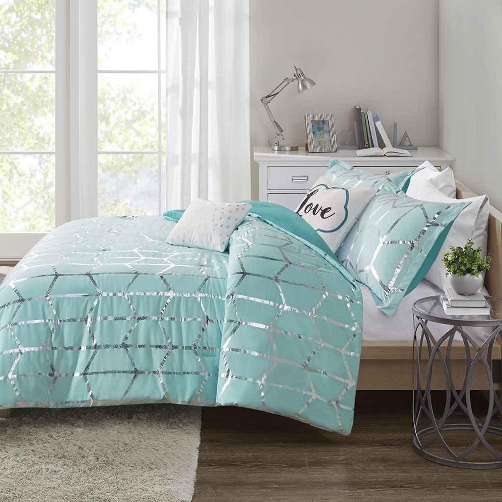 Raina - Metallic Printed Comforter Set - Aqua / Silver