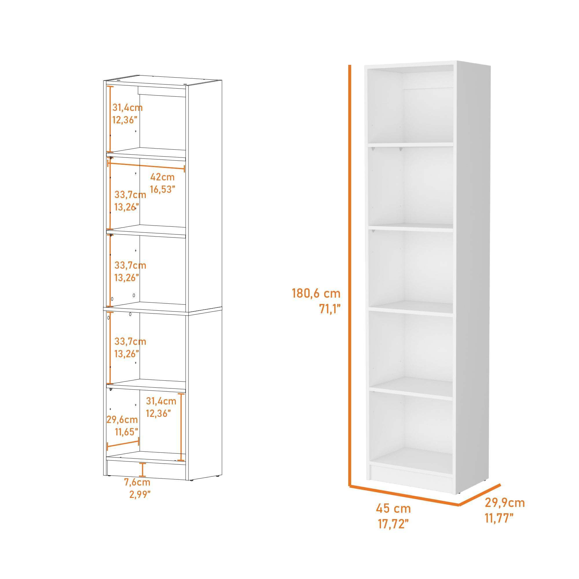 Zachary White 5-Shelf Slim Bookcase