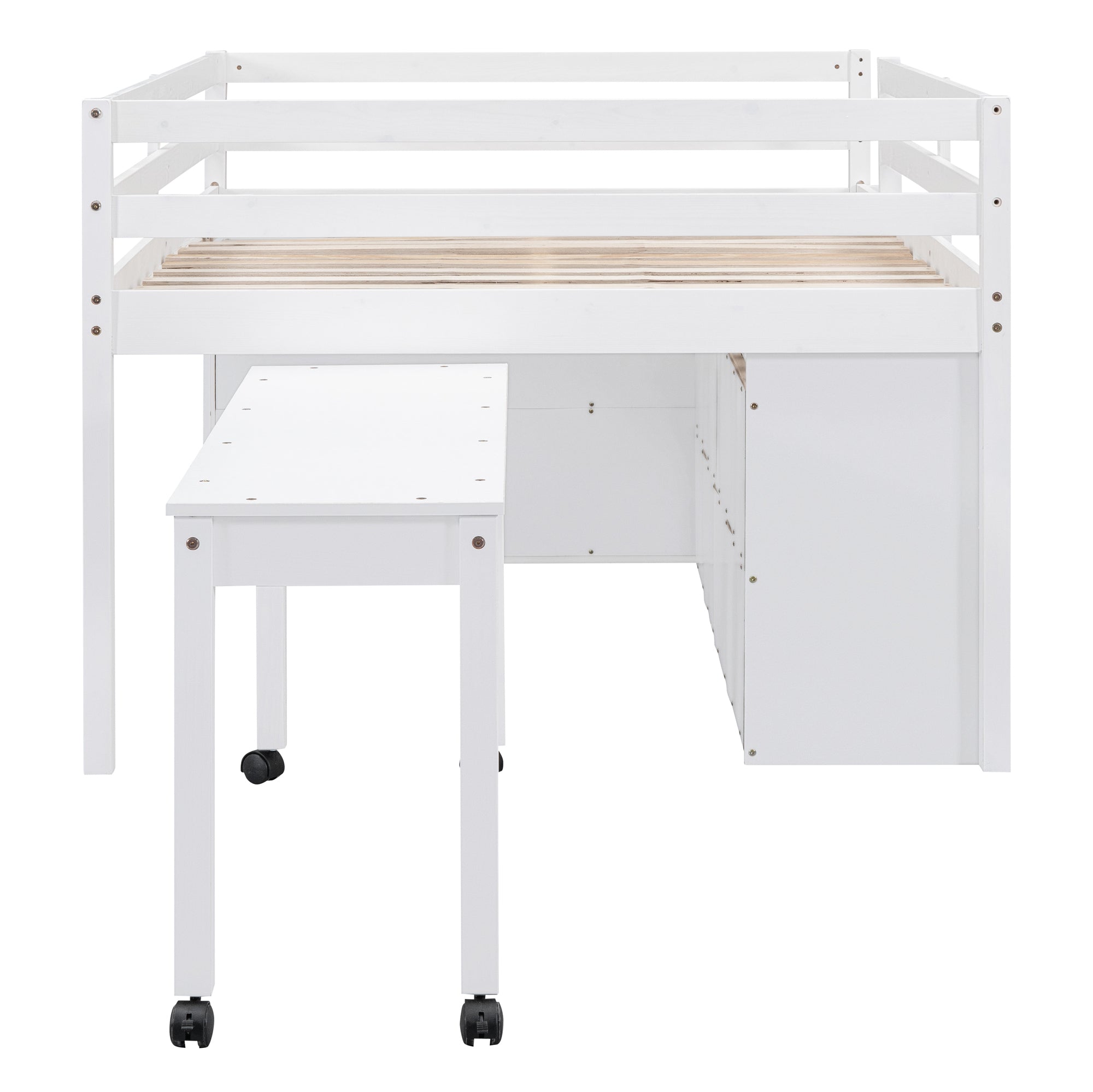 Full Size Loft Bed with Retractable Writing Desk and 4 Drawers, Wooden Loft Bed with Lateral Portable Desk and Shelves, White