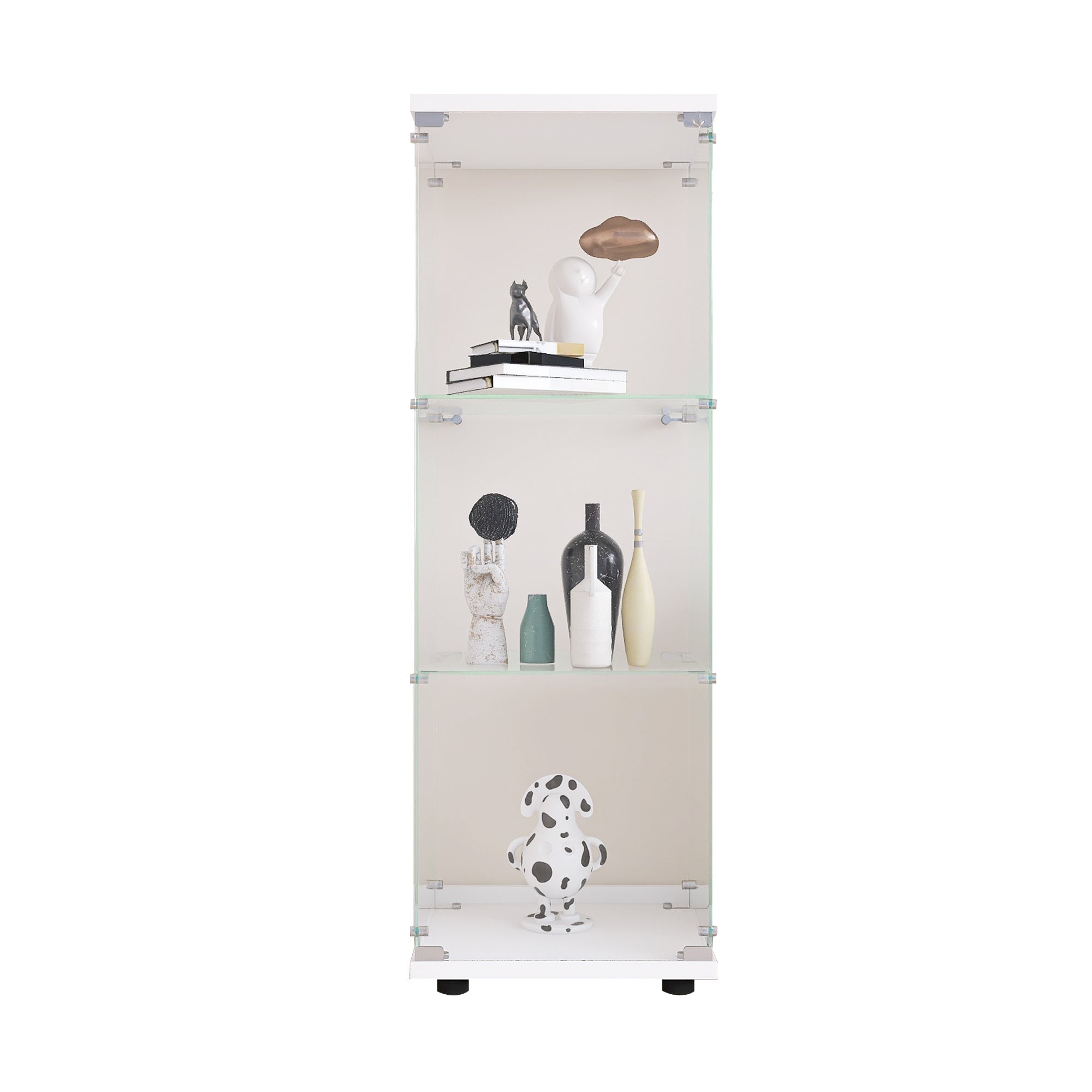 Glass Display Cabinet with 3 Shelves, One-Door Curio Cabinets for Living Room, Bedroom, Office, White Floor Standing Glass Bookshelf, Quick Installation