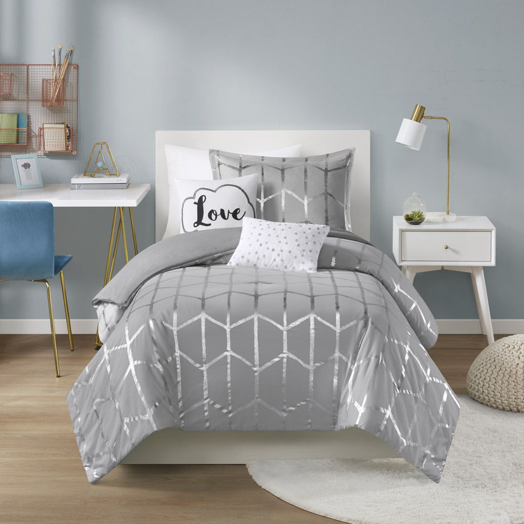 Raina - Twin Metallic Printed Duvet Cover Set - Gray / Silver