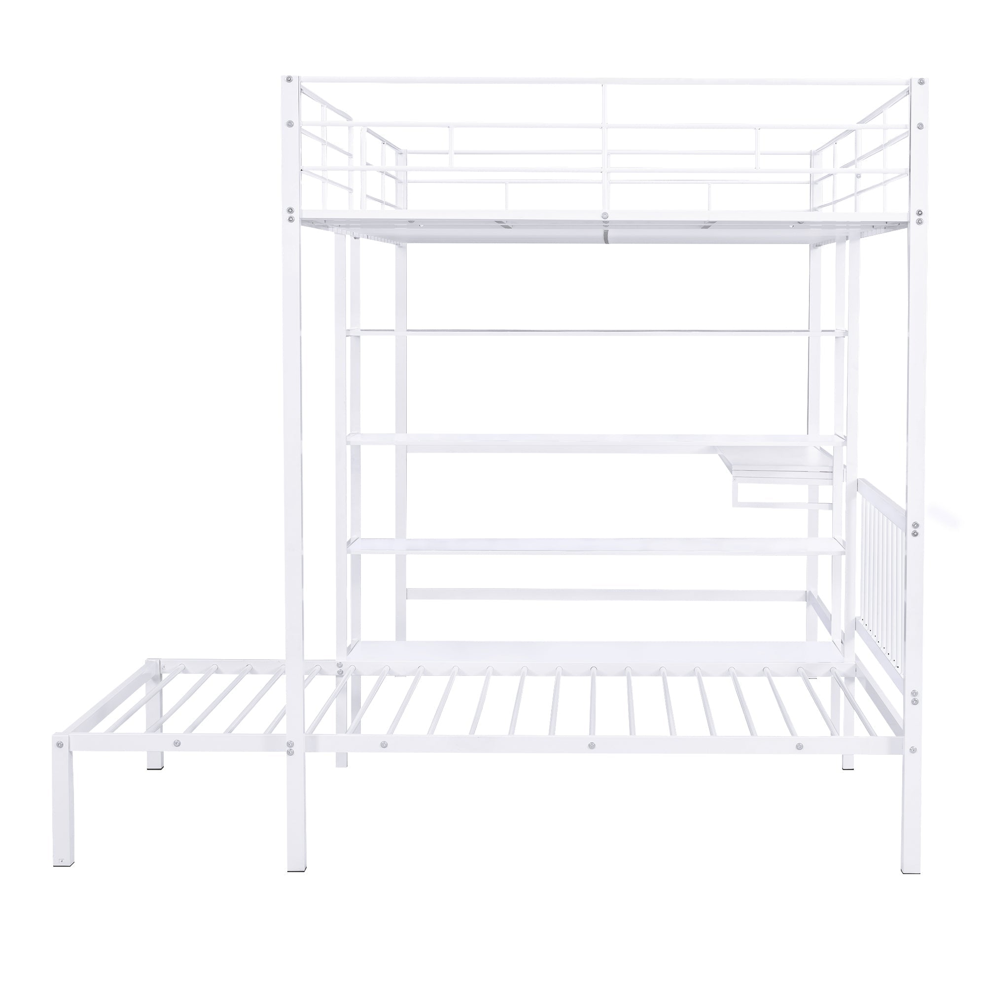 Full Over Twin Metal Bunk Bed with Built-in Desk, Shelves and Ladder, White