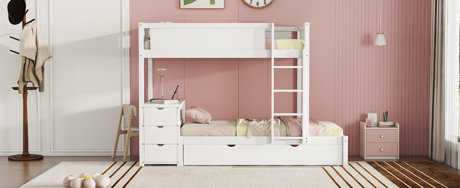 Twin-Over-Twin Bunk Bed with Twin size Trundle, Storage and Desk, White