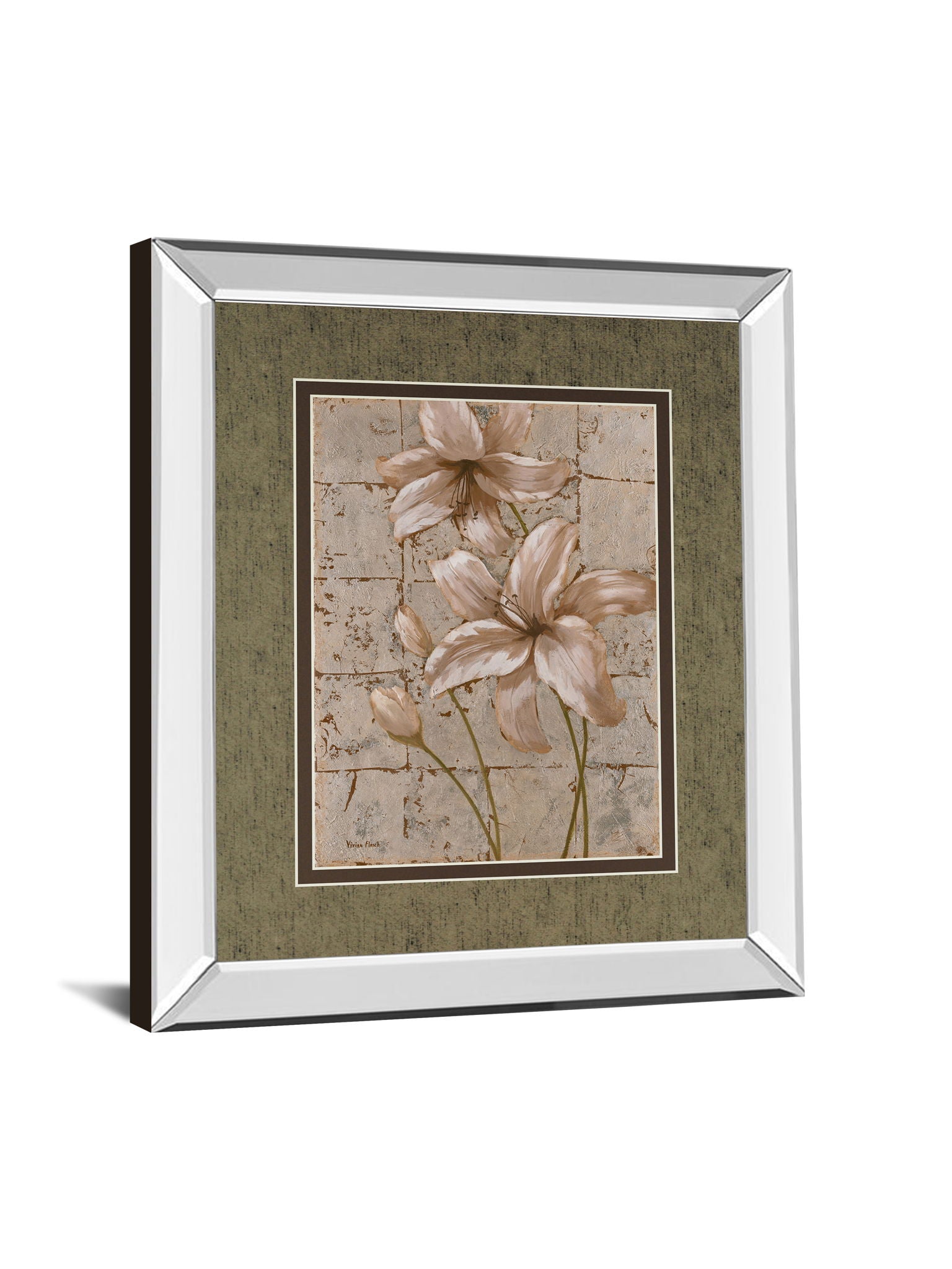 Lilies On Silver Il By Vivian Flasch - Mirror Framed Print Wall Art - Light Brown