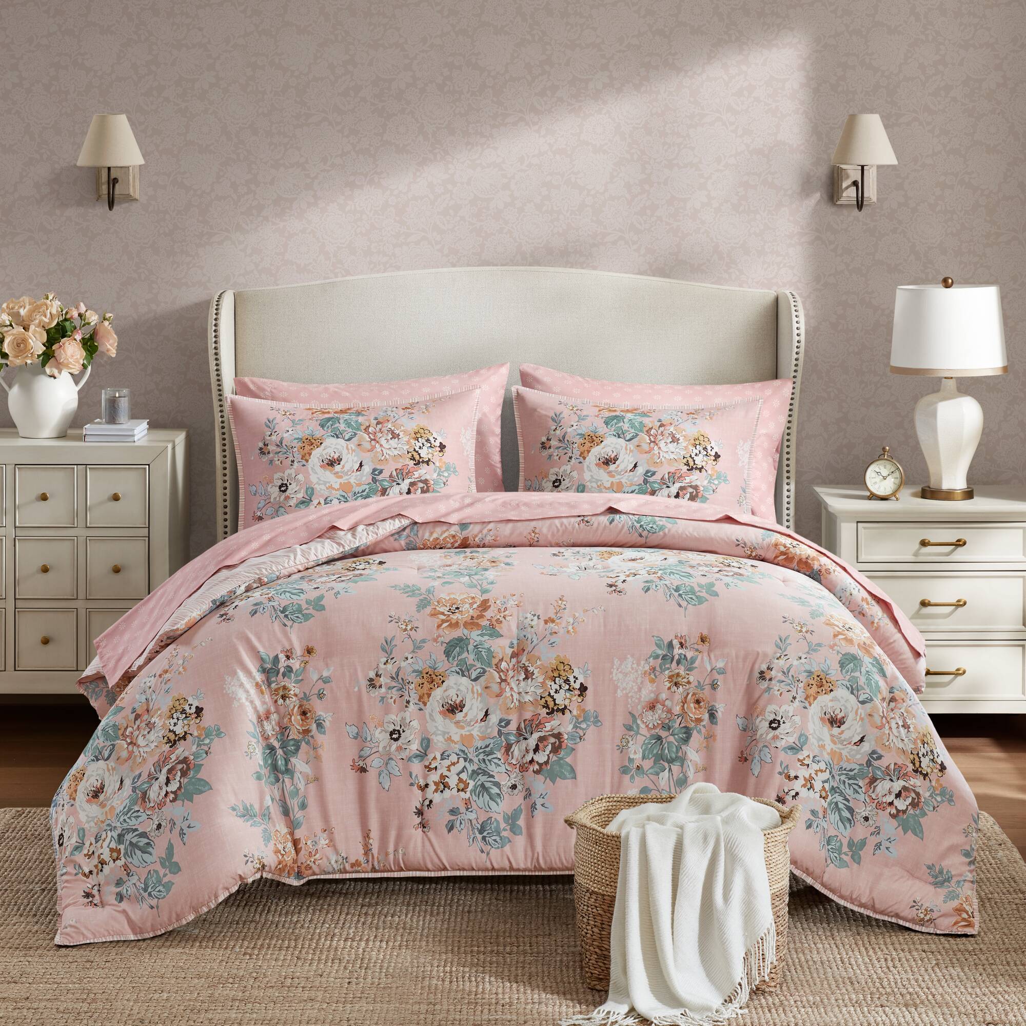 Heather - Queen 7 Piece Vintage-Inspired Floral Print - Pink