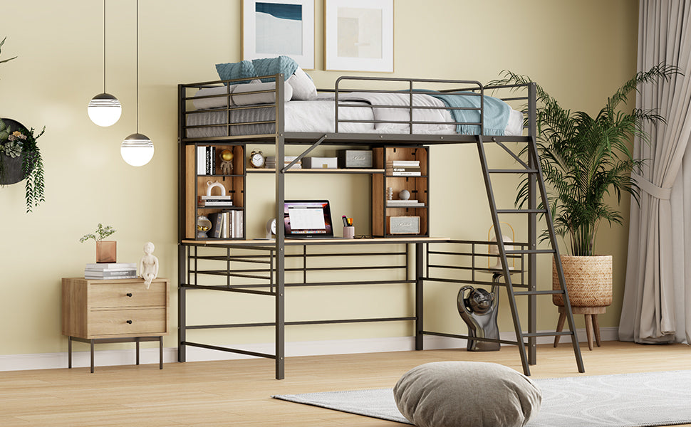 Full Size Loft Bed with Desk and Shelf , Loft Bed with Ladder,Full,Black