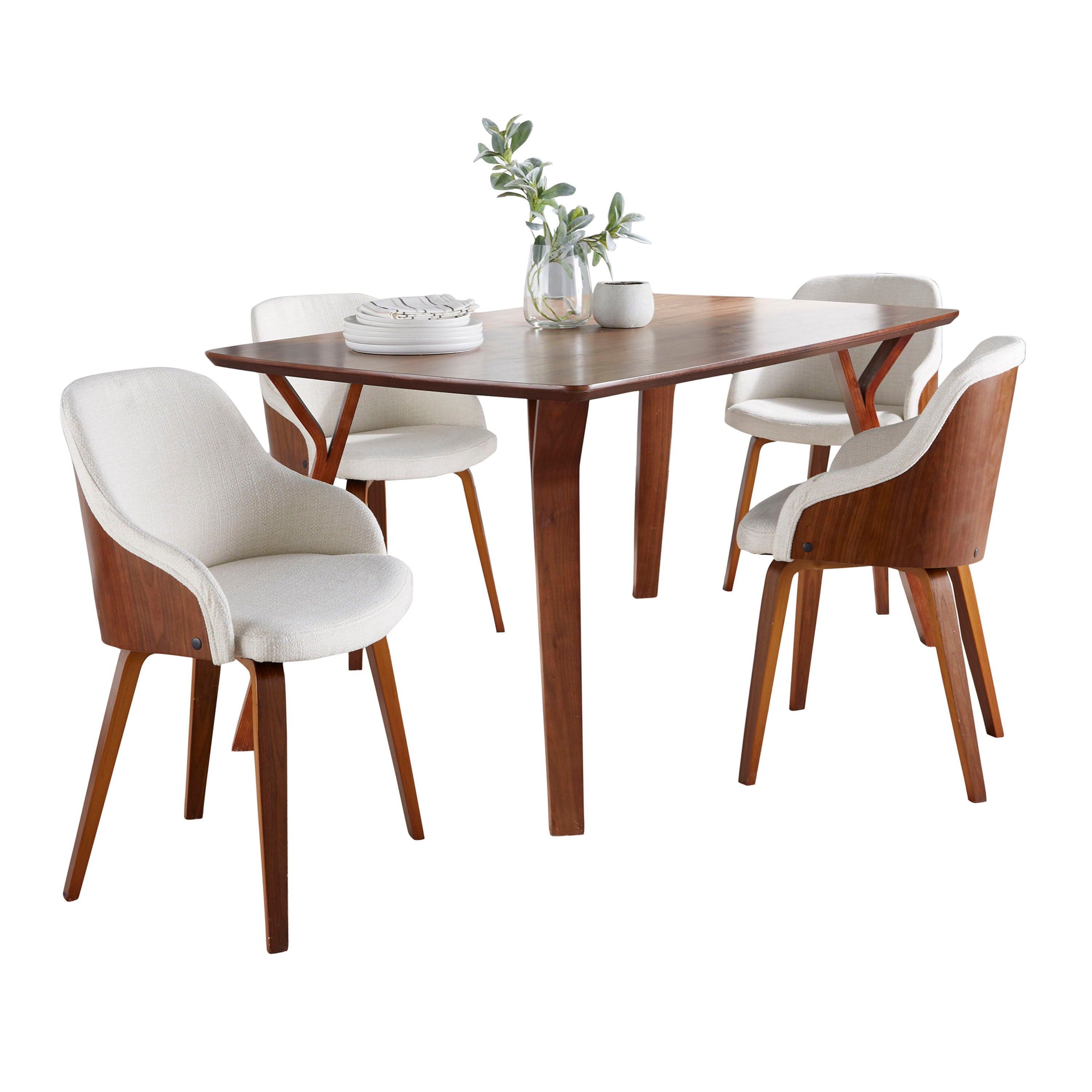 Folia Bacci - 5 Piece Mid-Century Modern Dining Set - Walnut / Cream