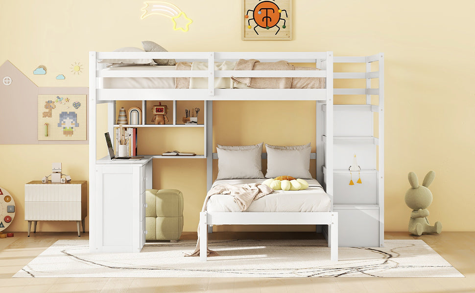 Full Over Twin Bunk Bed with Desk, Drawers and Shelves, White