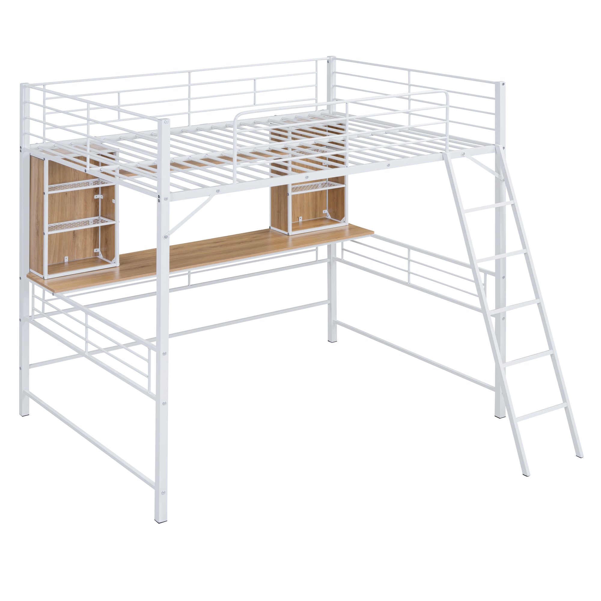 Full Size Loft Bed with Desk and Shelf, Loft Bed with Ladder,Full,White