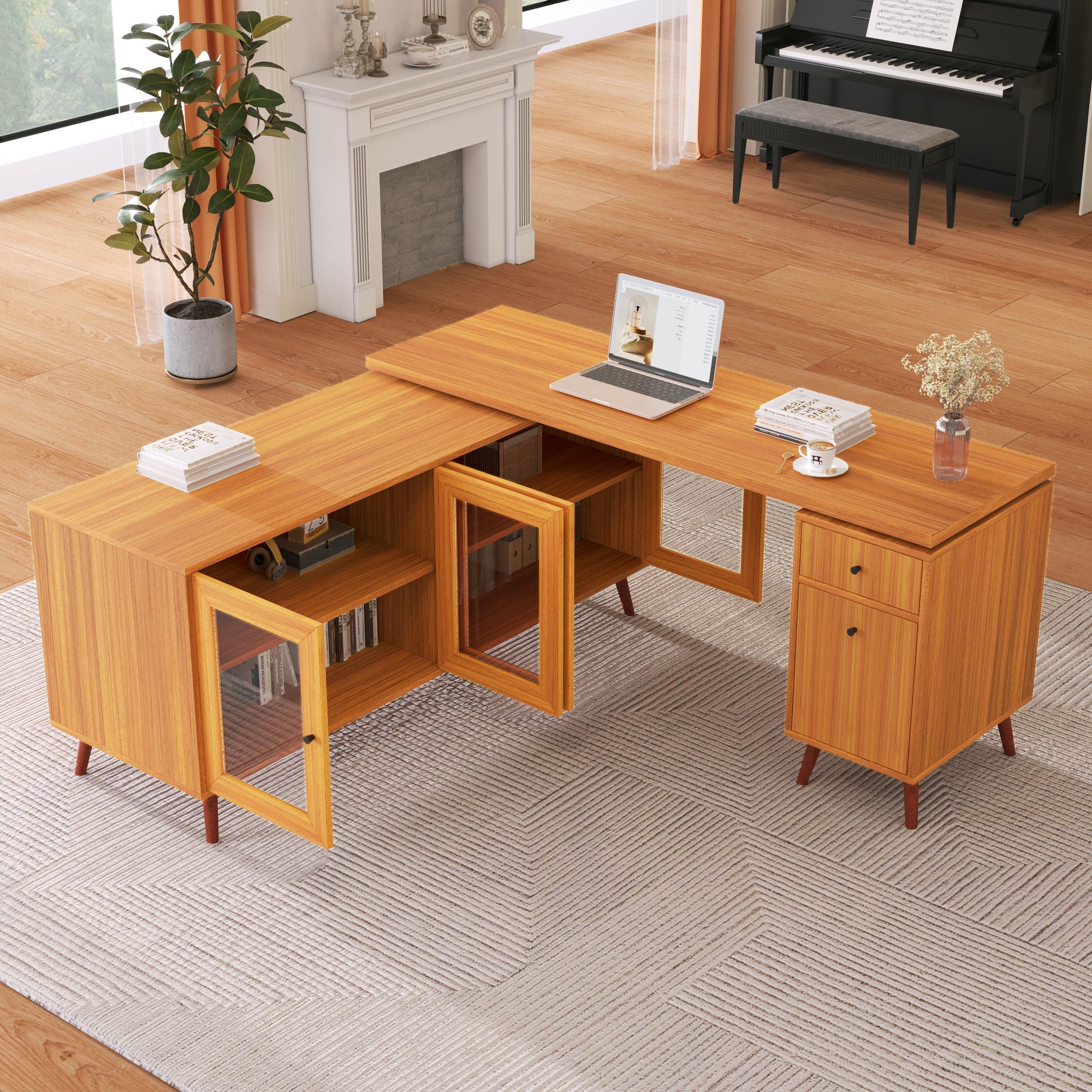 66.5" Modern L-shaped Executive Desk with delicate tempered glass Cabinet Storage,Large Office Desk with Drawers,Business Furniture Desk Workstation for Home Office,Teak