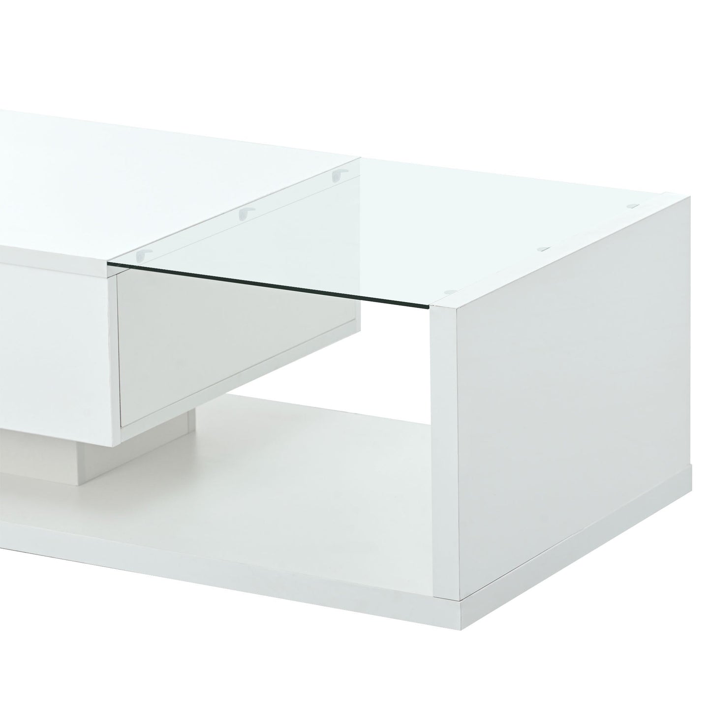 Modern Coffee Table with Tempered Glass, Wooden Cocktail Table with High-gloss UV Surface, Modernist 2-Tier Rectangle Center Table for Living Room, White