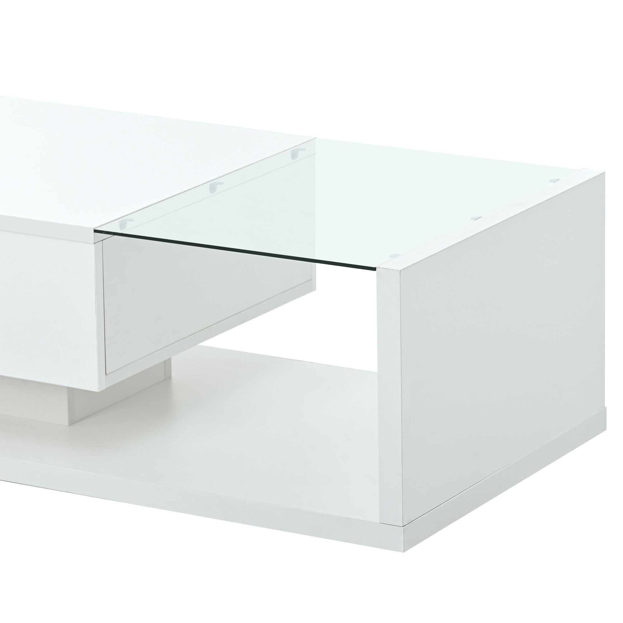 Modern Coffee Table with Tempered Glass, Wooden Cocktail Table with High-gloss UV Surface, Modernist 2-Tier Rectangle Center Table for Living Room, White